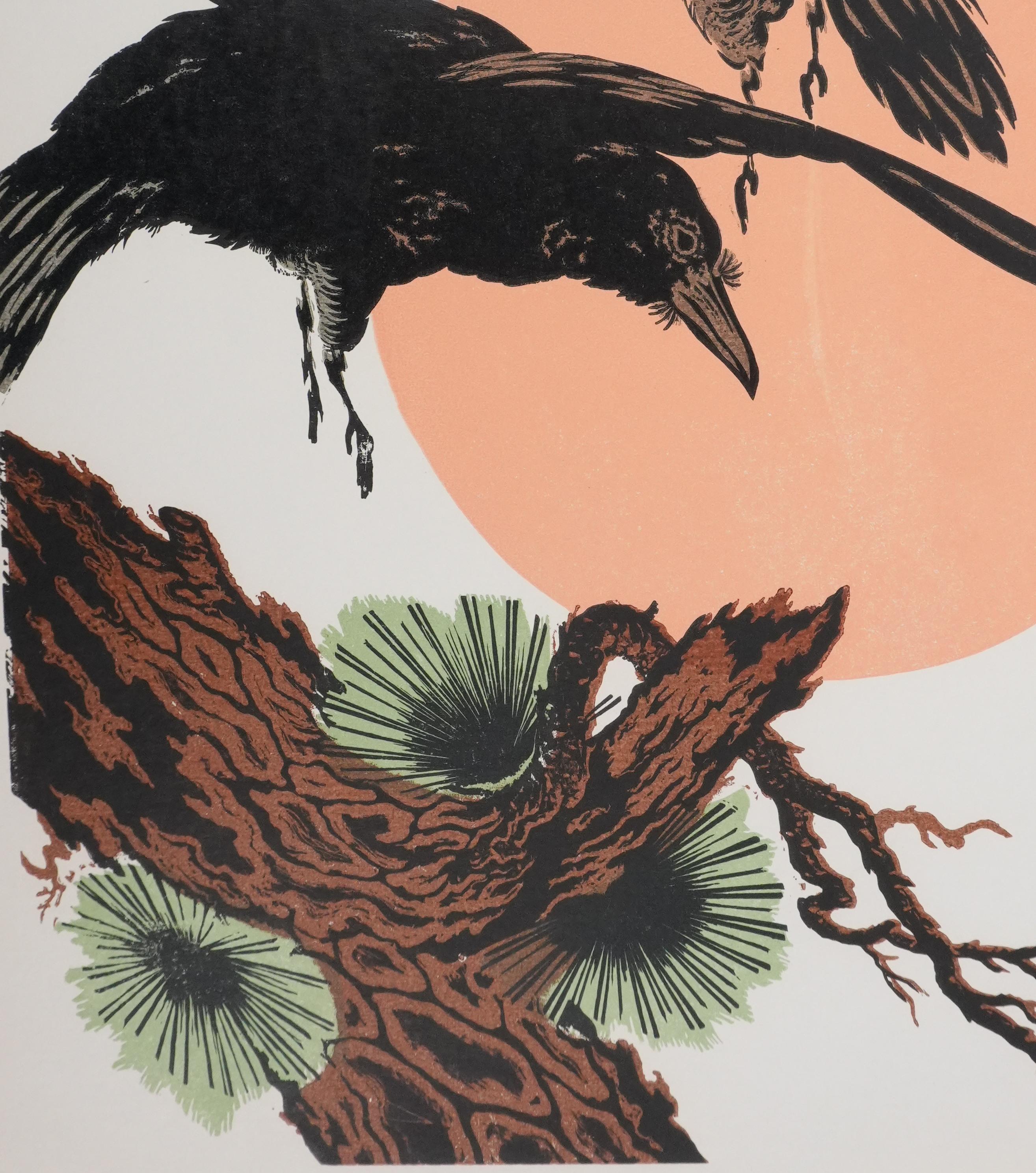 Japanese Print, The Flight of the Crows at Sunset - Signed Woodcut For Sale 1