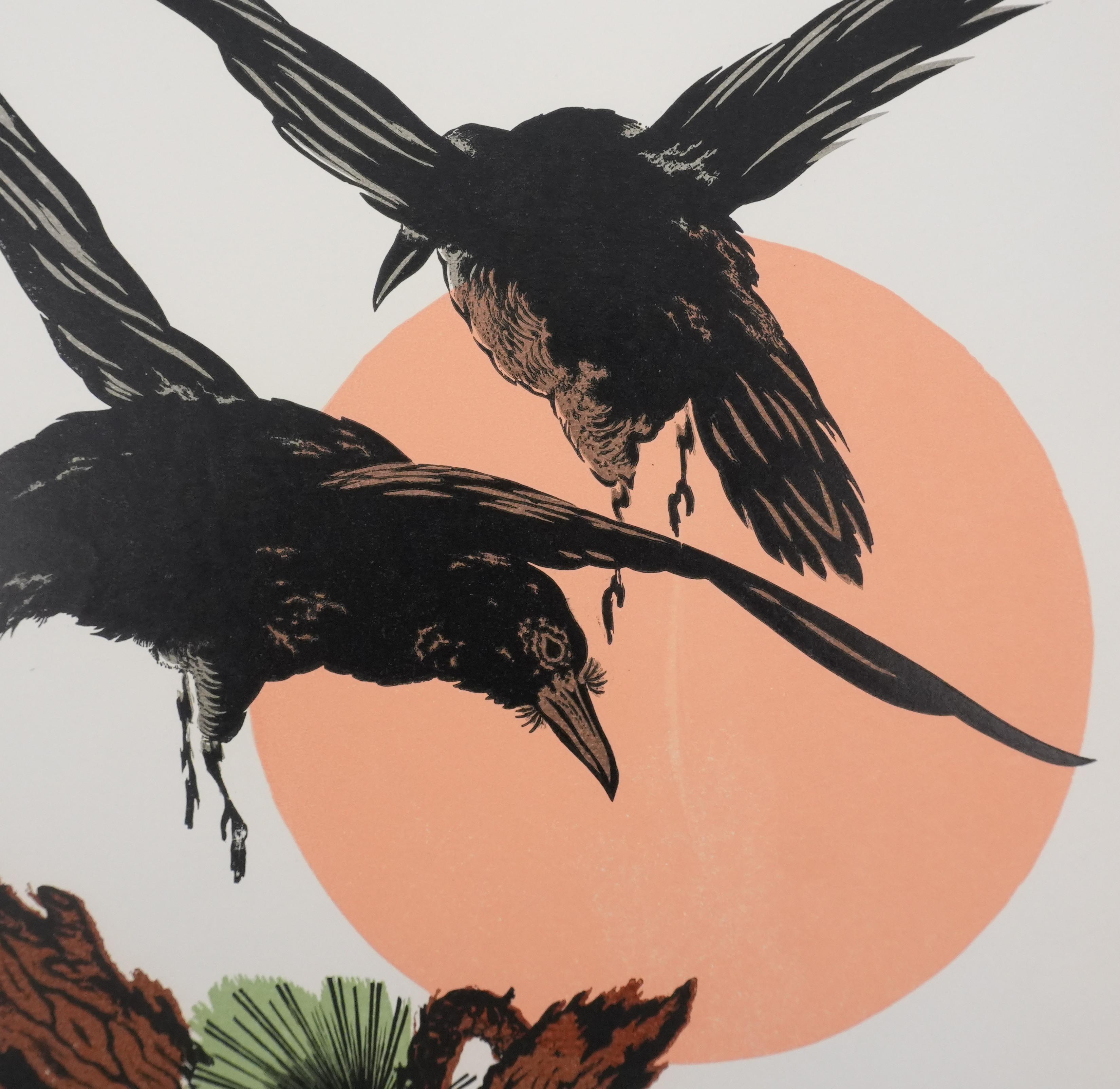 Japanese Print, The Flight of the Crows at Sunset - Signed Woodcut For Sale 2