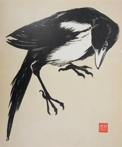 Japanese Print, White-billed Pie - Signed Woodcut