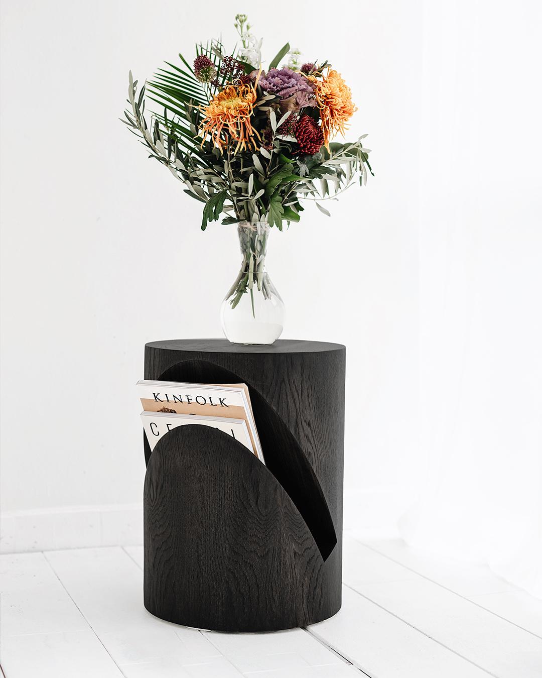Hand-Carved Mola Side Table with Distinctive Look, Smoked Oak For Sale
