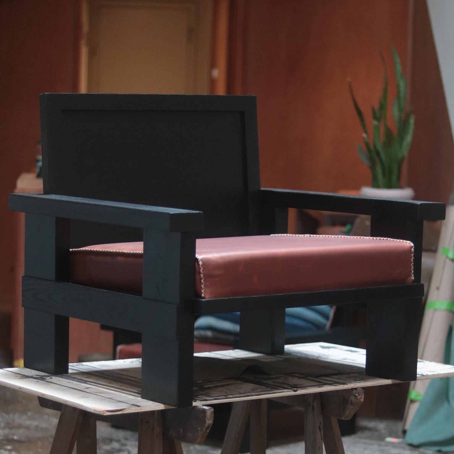 Modern Molana Blackened Oak Lounge Chair With Brown Leather And Vintage Fabric Cushions For Sale