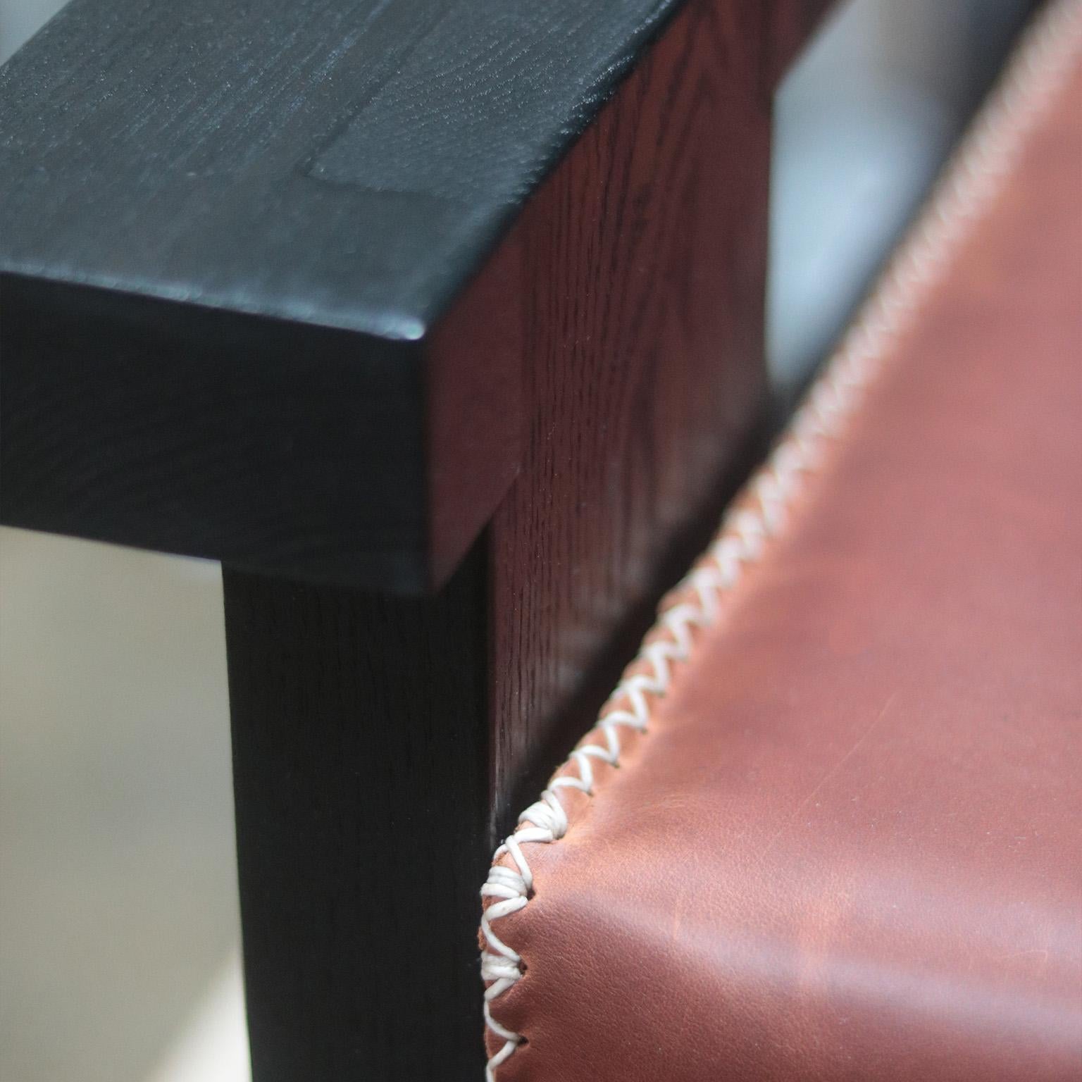 Contemporary Molana Blackened Oak Lounge Chair With Brown Leather And Vintage Fabric Cushions For Sale