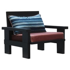 Molana Blackened Oak Lounge Chair With Brown Leather And Vintage Fabric Cushions