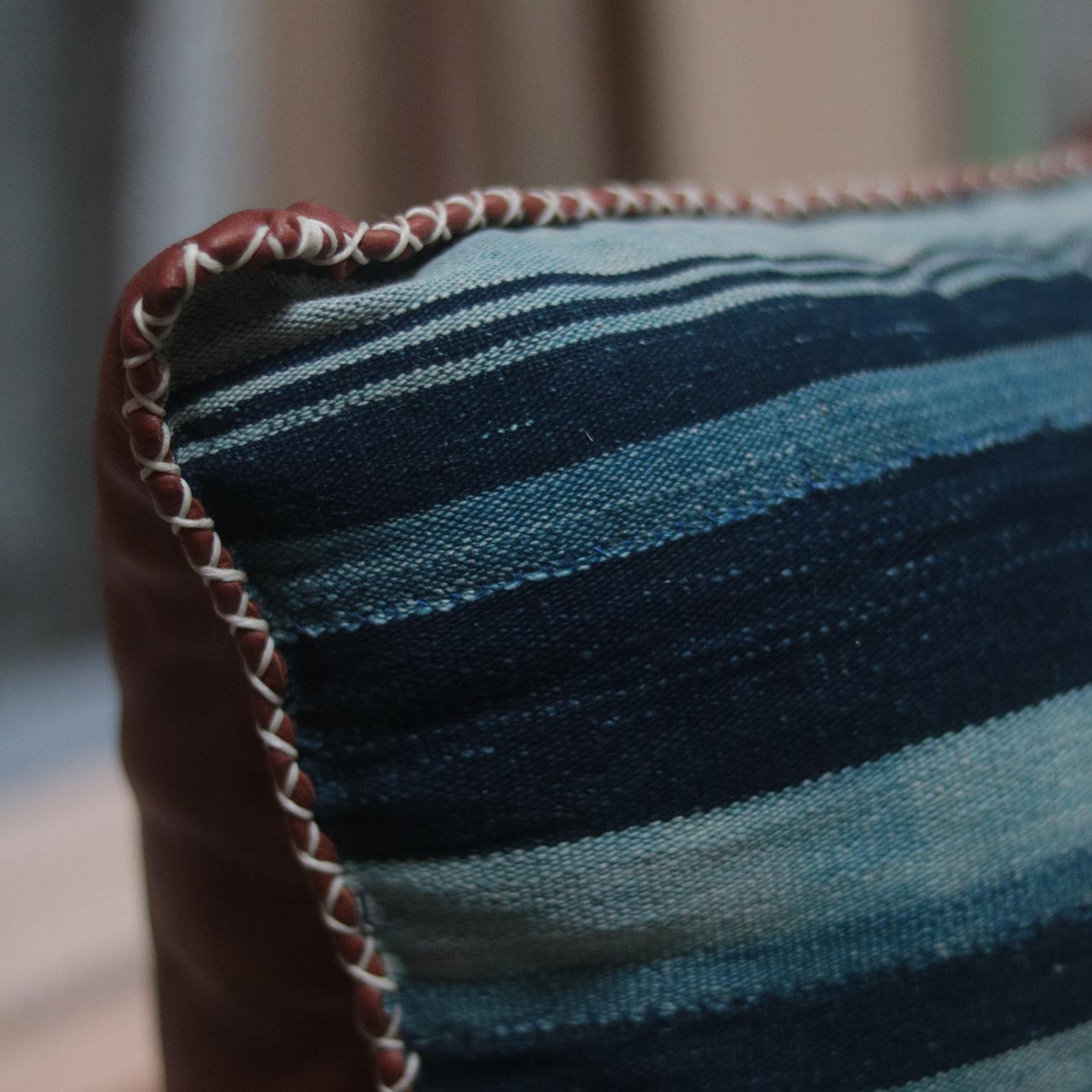 Canadian Molana Vintage African Textile And Leather Pillow For Sale