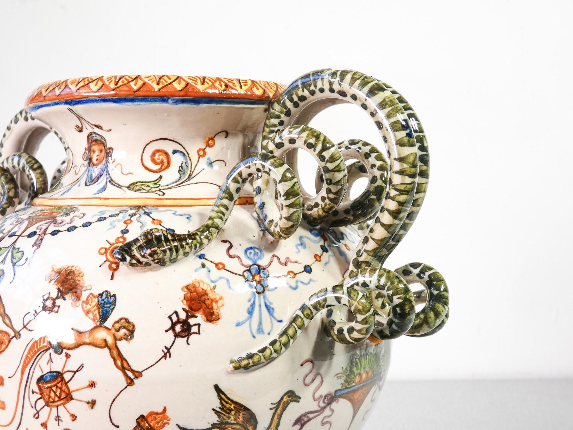 Molaroni Hand Painted Ceramic Vase, Rich Grotesques and Snake Handles, 1920s 6