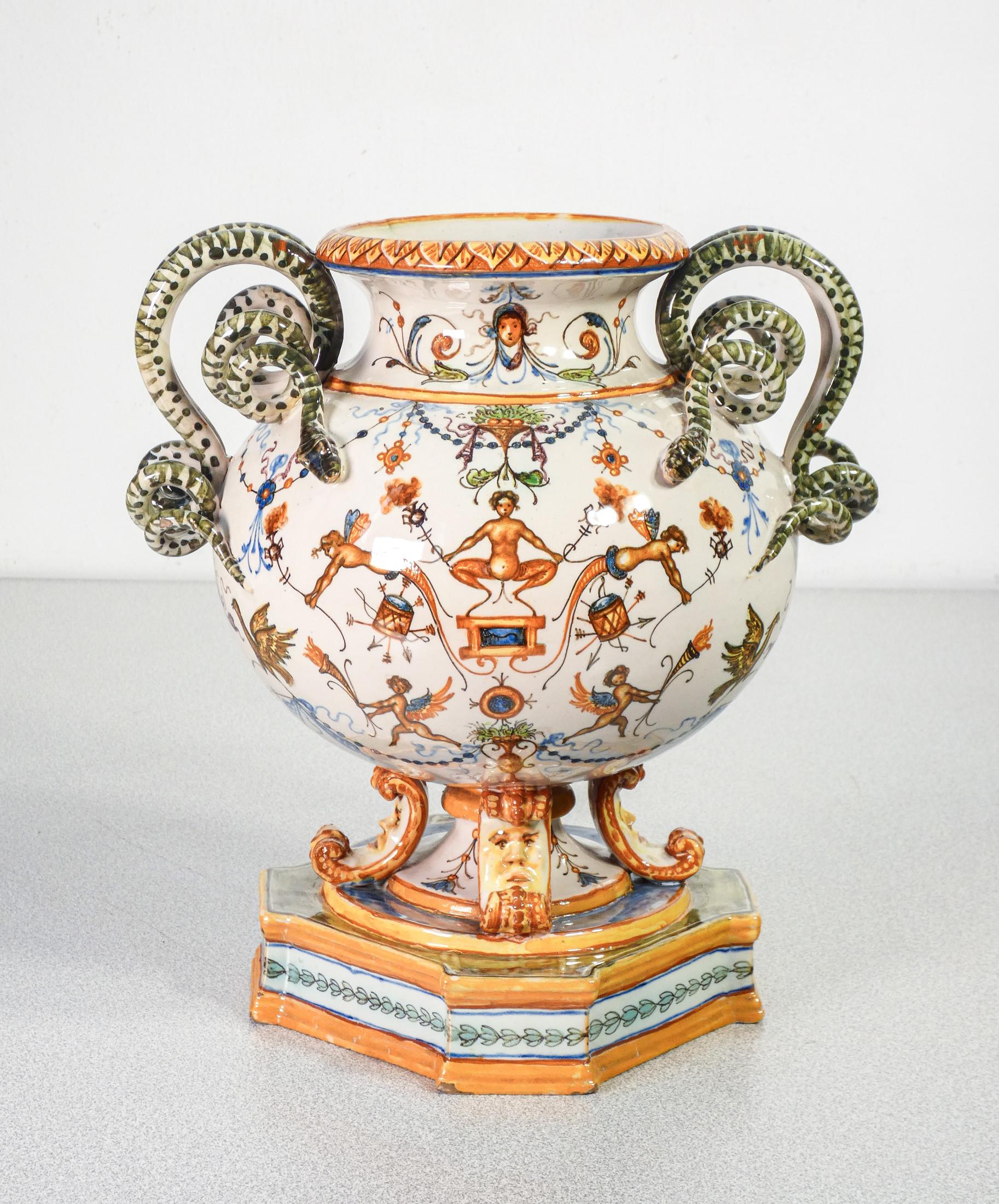 Italian Molaroni Hand Painted Ceramic Vase, Rich Grotesques and Snake Handles, 1920s
