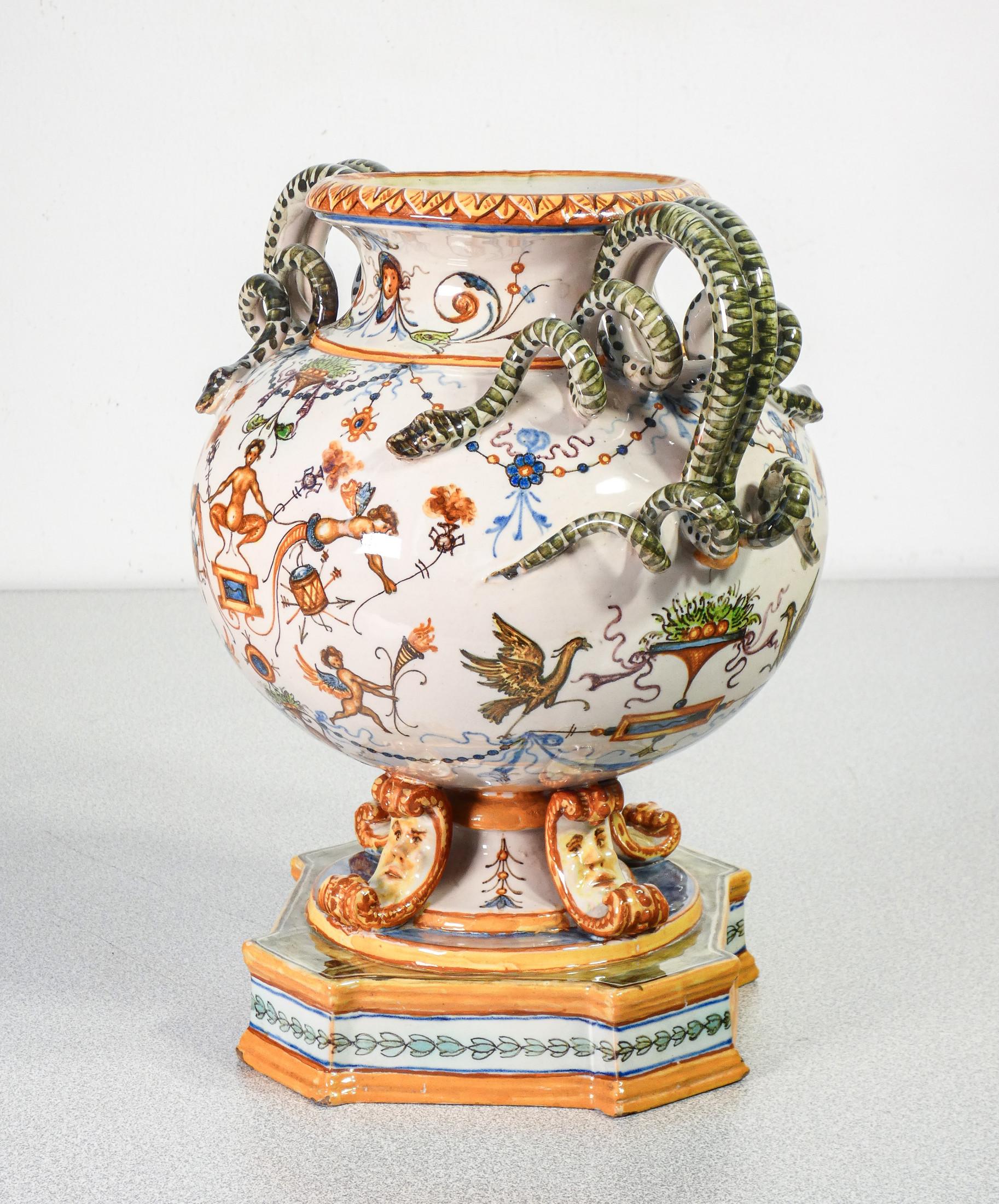 Molaroni Hand Painted Ceramic Vase, Rich Grotesques and Snake Handles, 1920s In Good Condition In Torino, IT