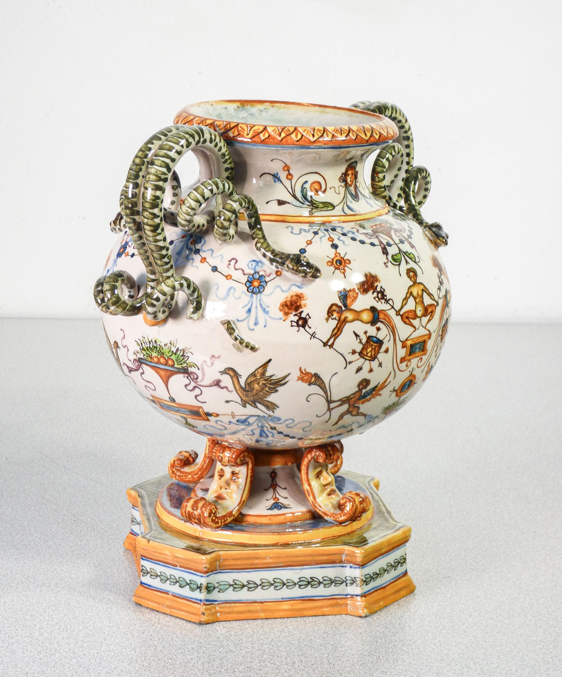 Early 20th Century Molaroni Hand Painted Ceramic Vase, Rich Grotesques and Snake Handles, 1920s