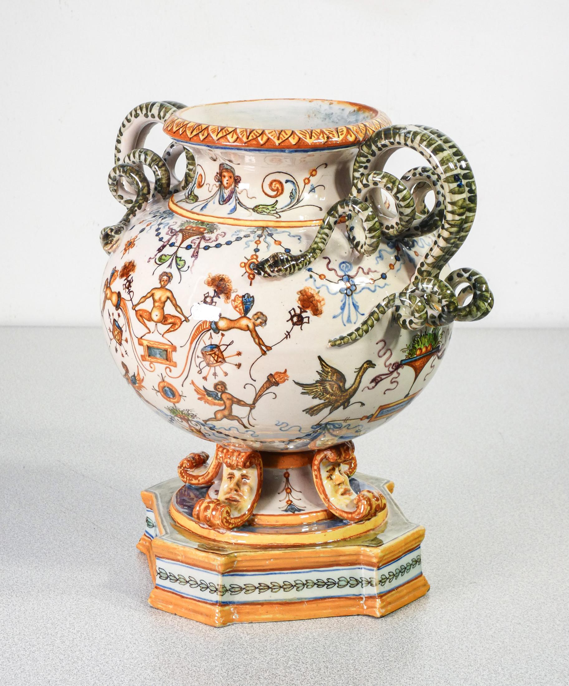 Molaroni Hand Painted Ceramic Vase, Rich Grotesques and Snake Handles, 1920s 1