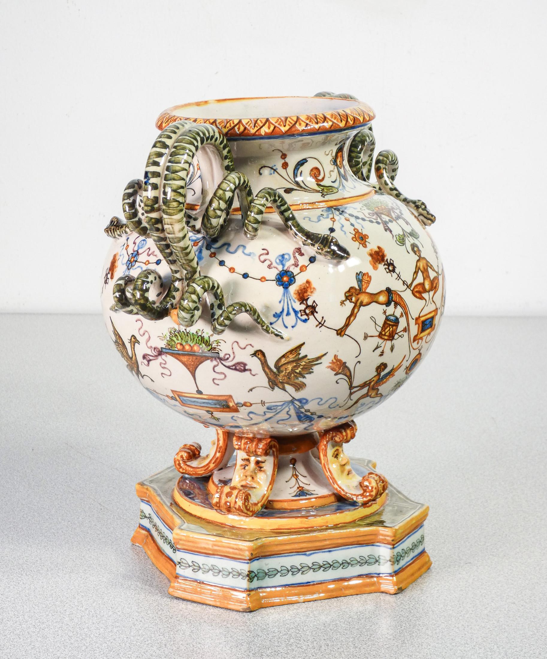 Molaroni Hand Painted Ceramic Vase, Rich Grotesques and Snake Handles, 1920s 2