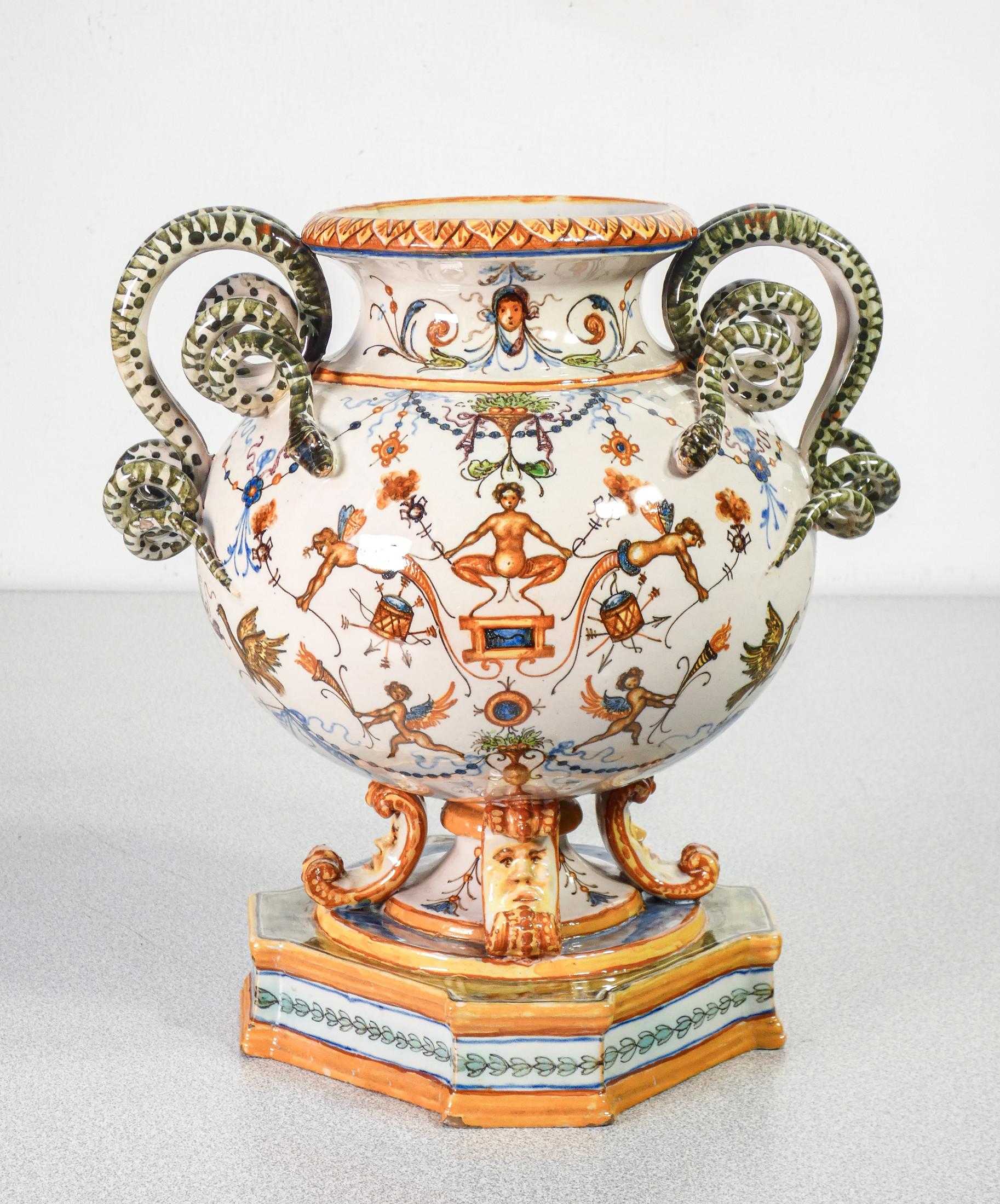 Molaroni Hand Painted Ceramic Vase, Rich Grotesques and Snake Handles, 1920s 3