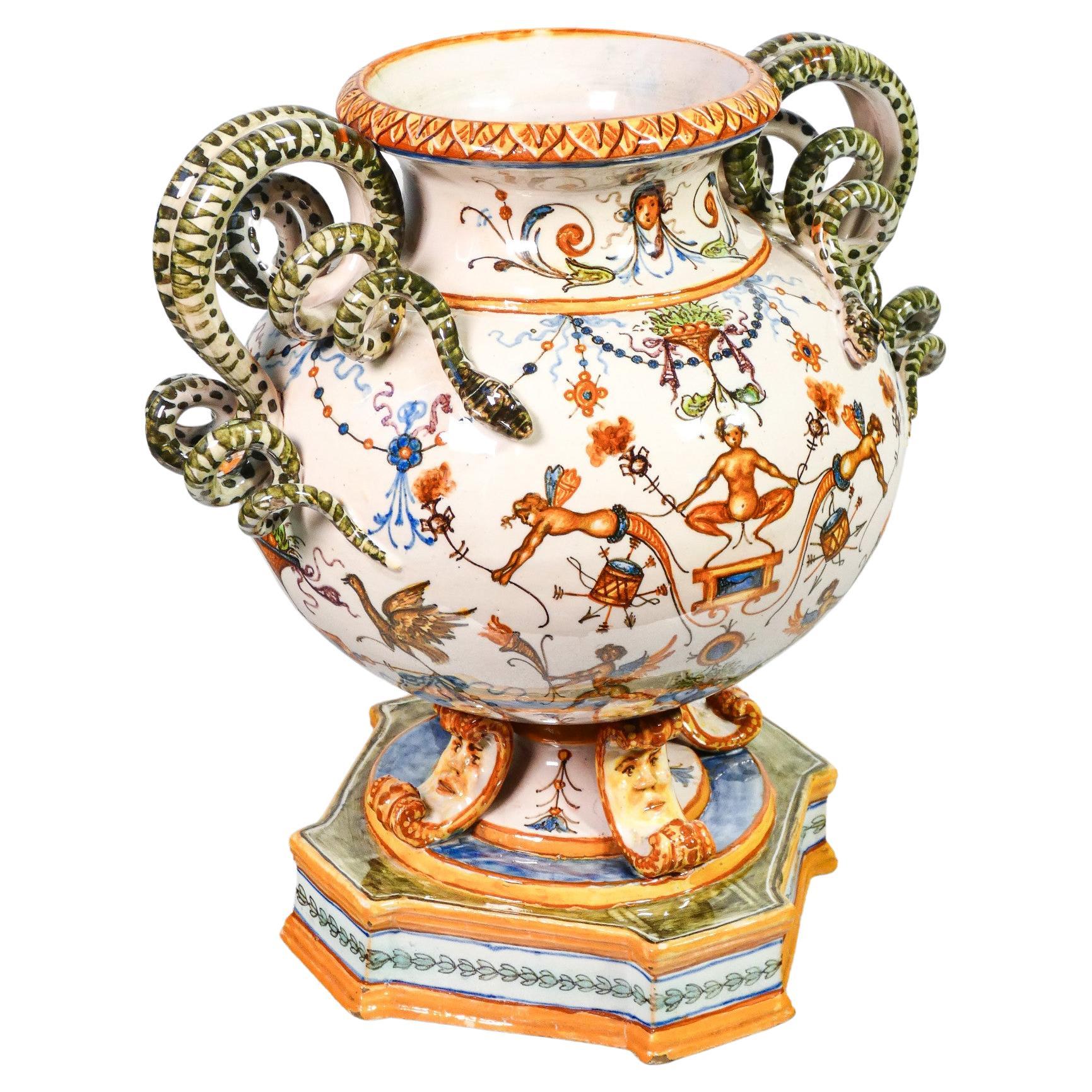 Molaroni Hand Painted Ceramic Vase, Rich Grotesques and Snake Handles, 1920s