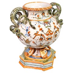 Molaroni Hand Painted Ceramic Vase, Rich Grotesques and Snake Handles, 1920s