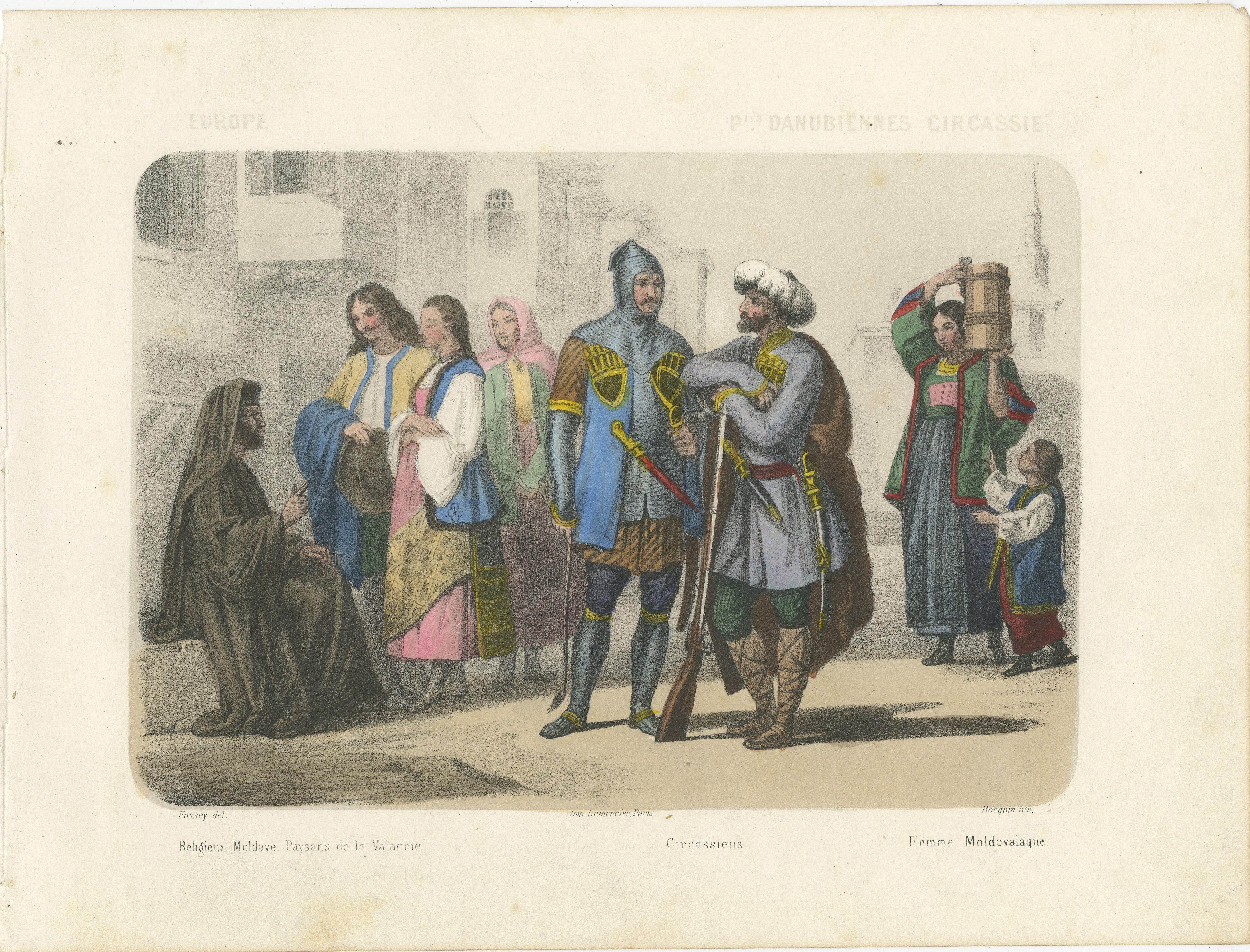 Título: Trajes de Moldavia y Circasia - Pueblos de las Provincias Danubianas, c.1845

Descripción:
Esta exquisita litografía coloreada a mano, titulada 