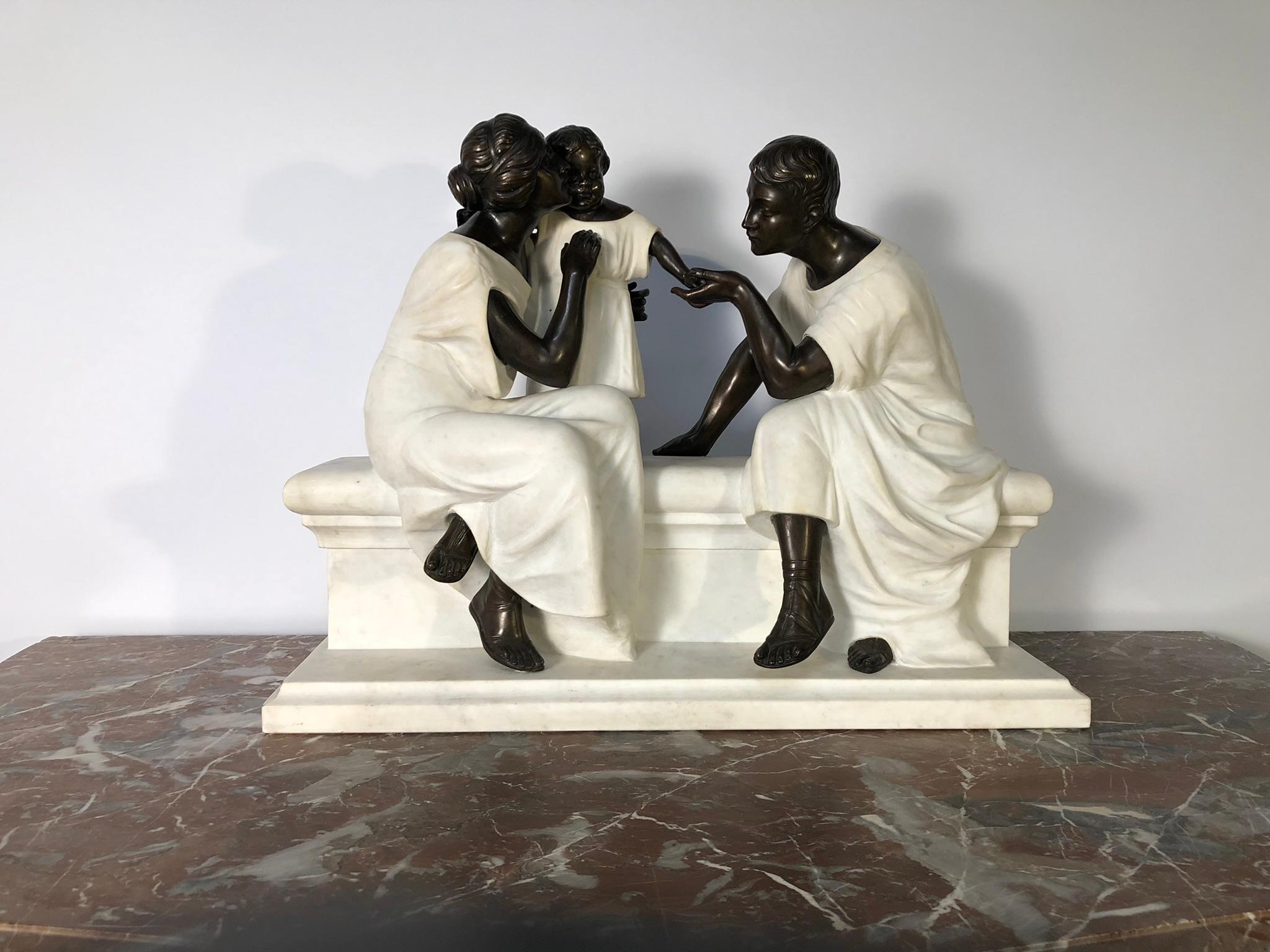 Neoclassical Italian Molded and Carved White Marble Group : The education of children For Sale