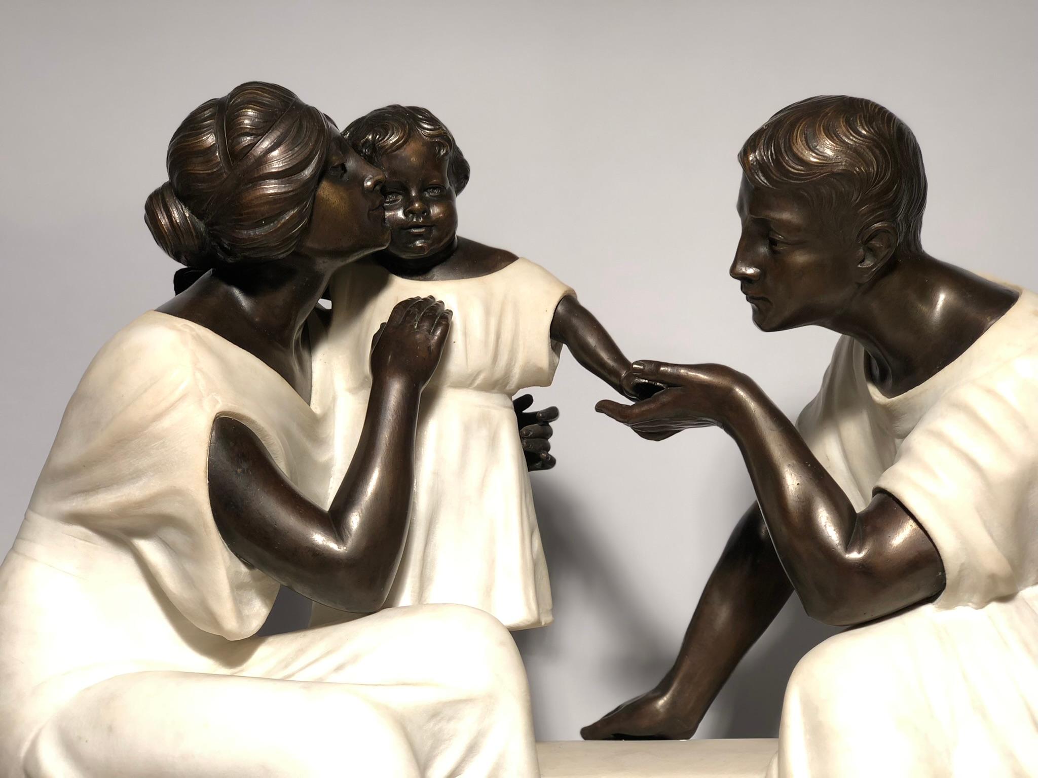 Bronze Italian Molded and Carved White Marble Group : The education of children For Sale