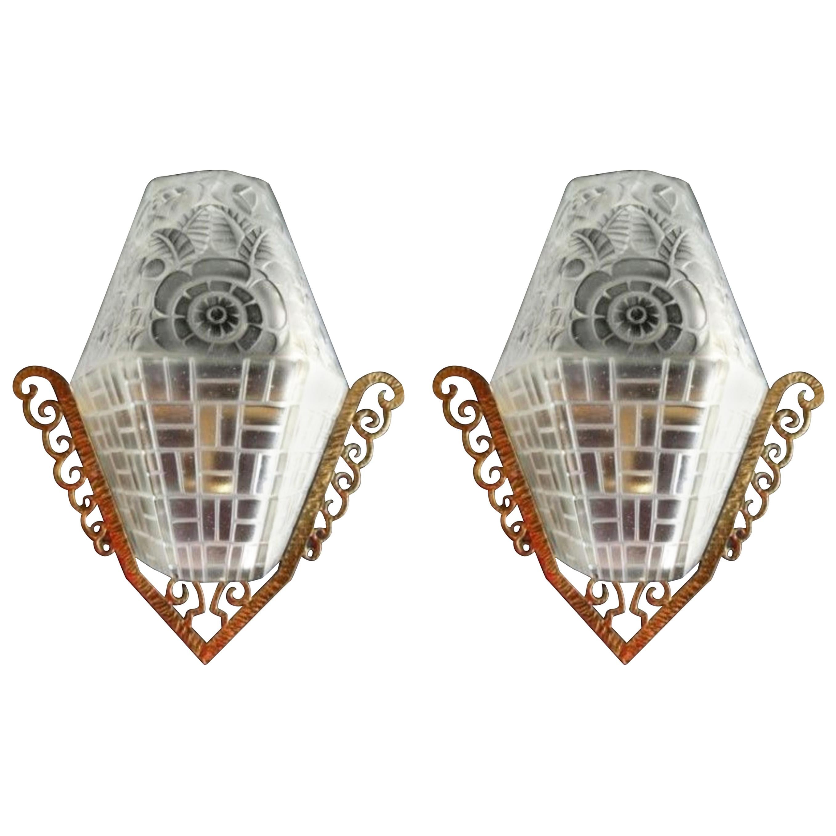 Molded Glass with Polished Bronze Pair of Sconces