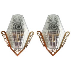 Molded Glass with Polished Bronze Pair of Sconces