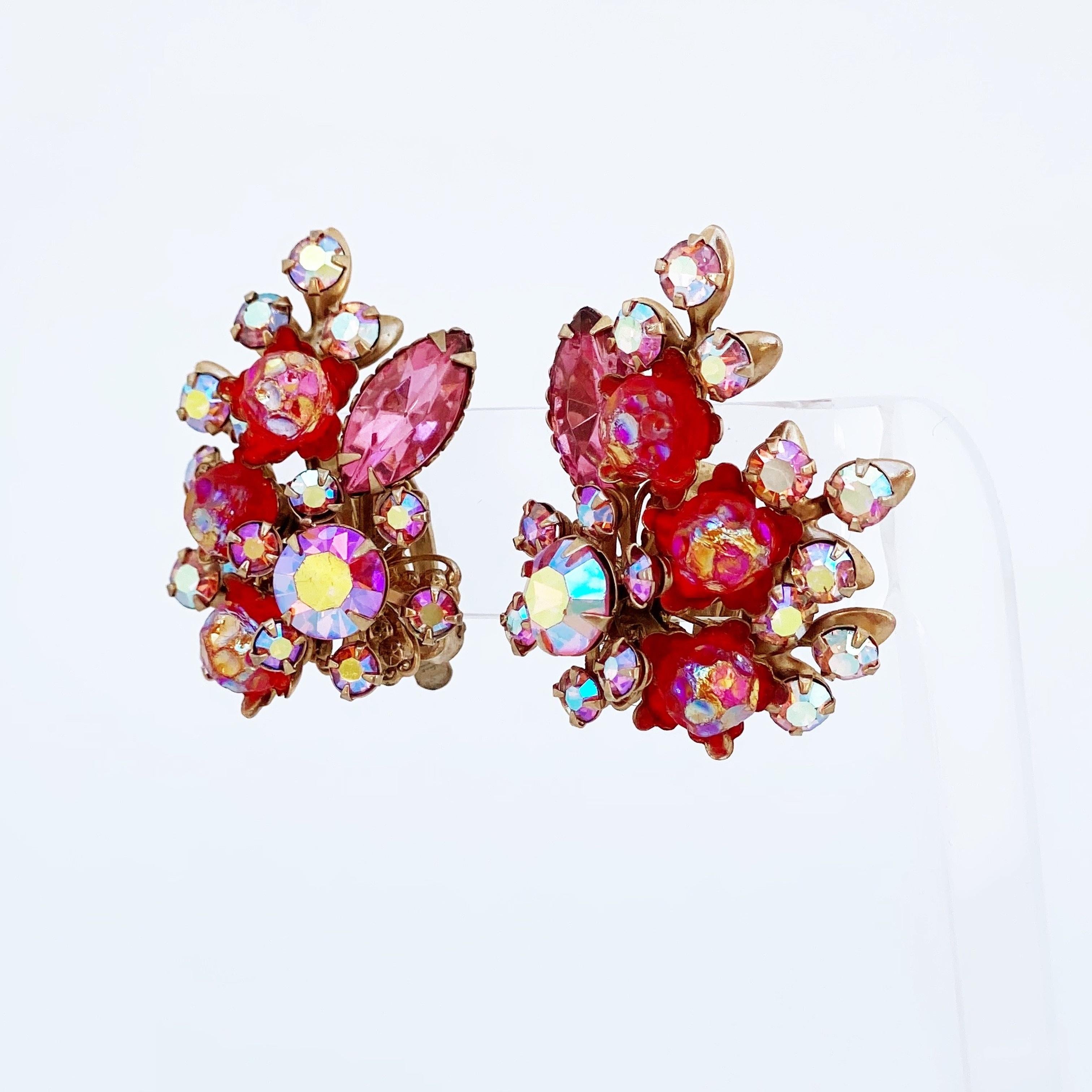 Women's Molded Lava Glass and Aurora Borealis Rhinestone Juliana Style Spray Earrings