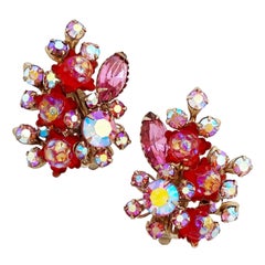 Vintage Molded Lava Glass and Aurora Borealis Rhinestone Juliana Style Spray Earrings