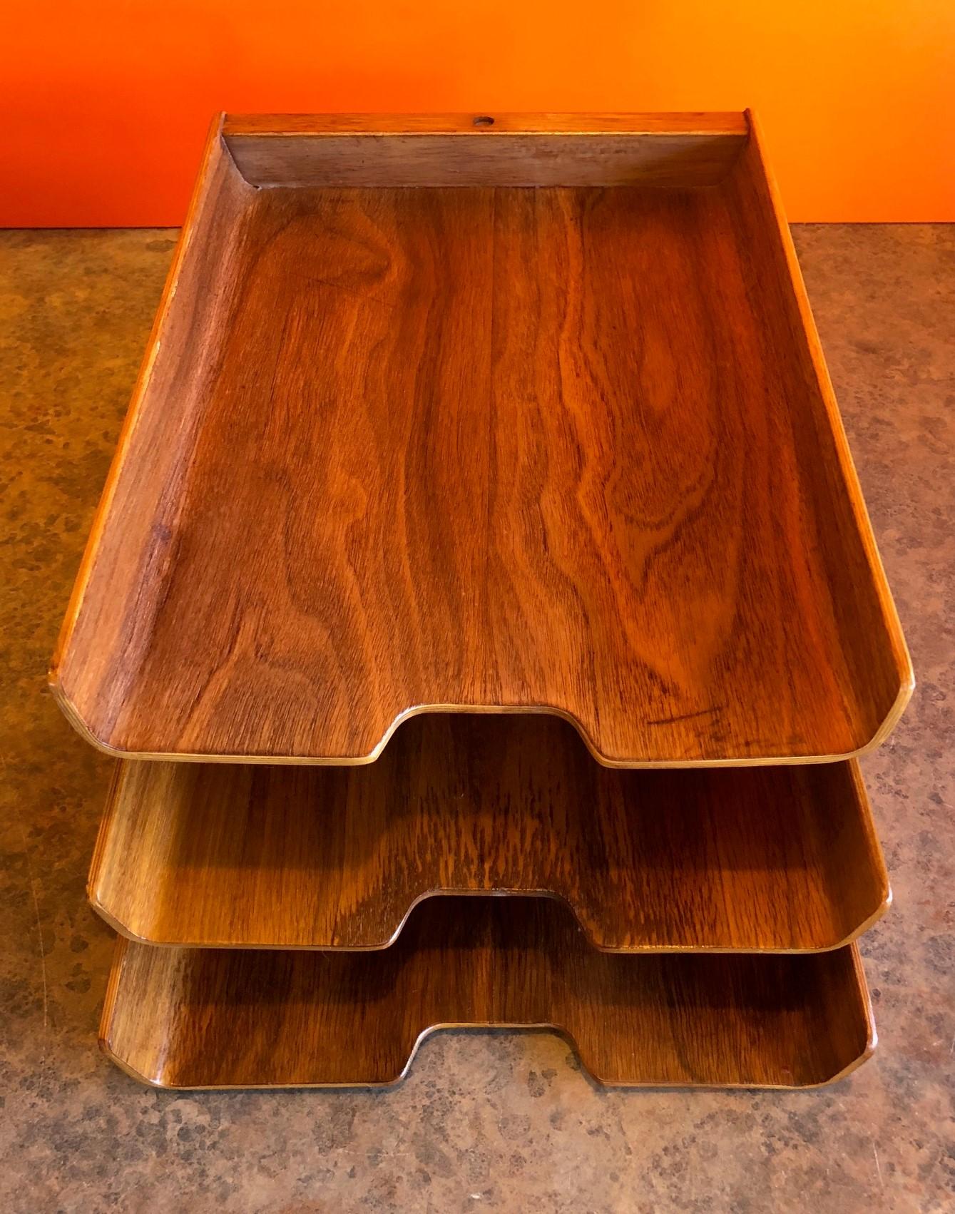 Swedish Molded Teak Plywood Triple Letter Tray by Martin Aberg for Rainbow of Sweden