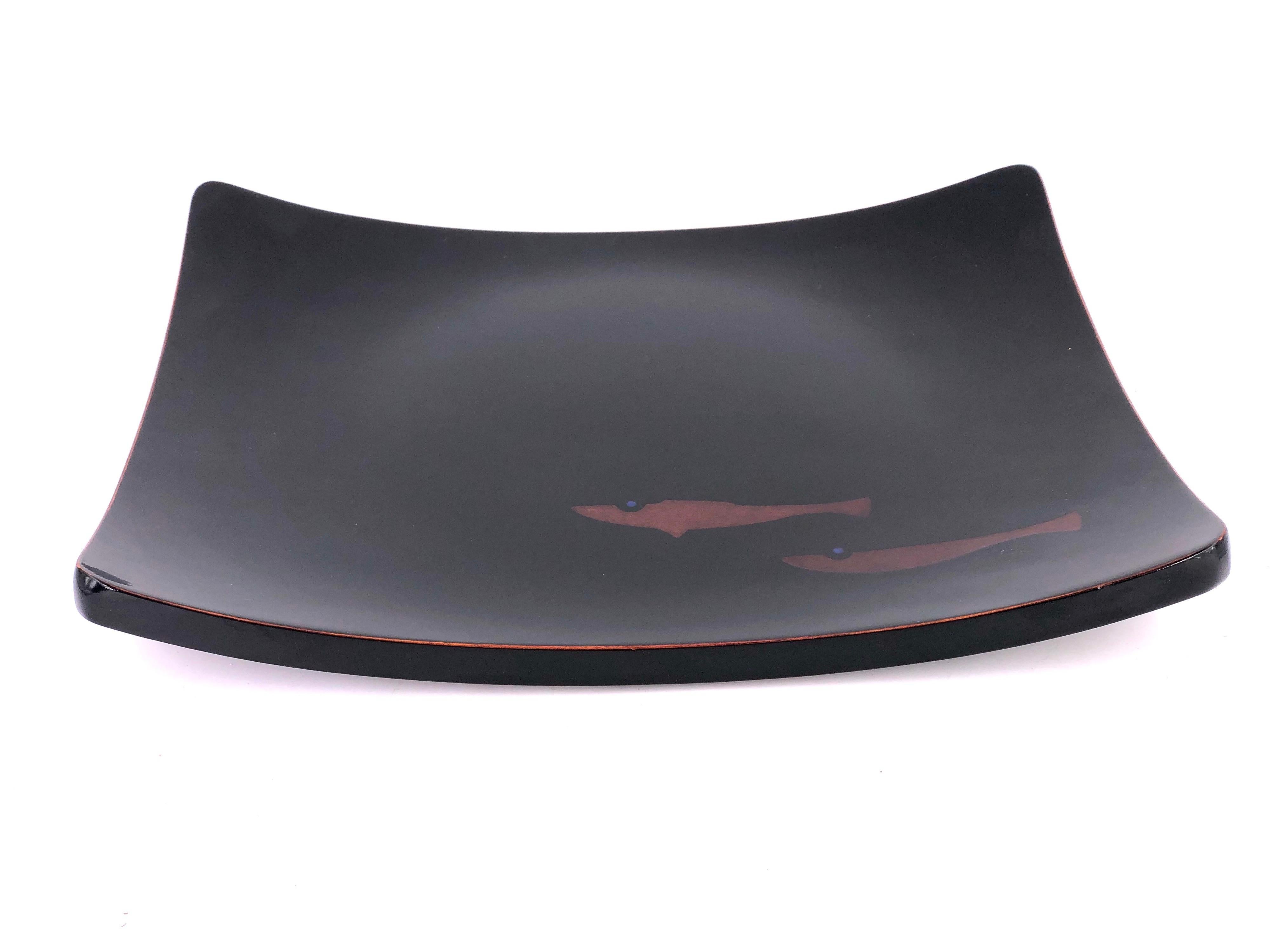 Japanese Molded Wood Black Lacquer Tray with Fish Design For Sale