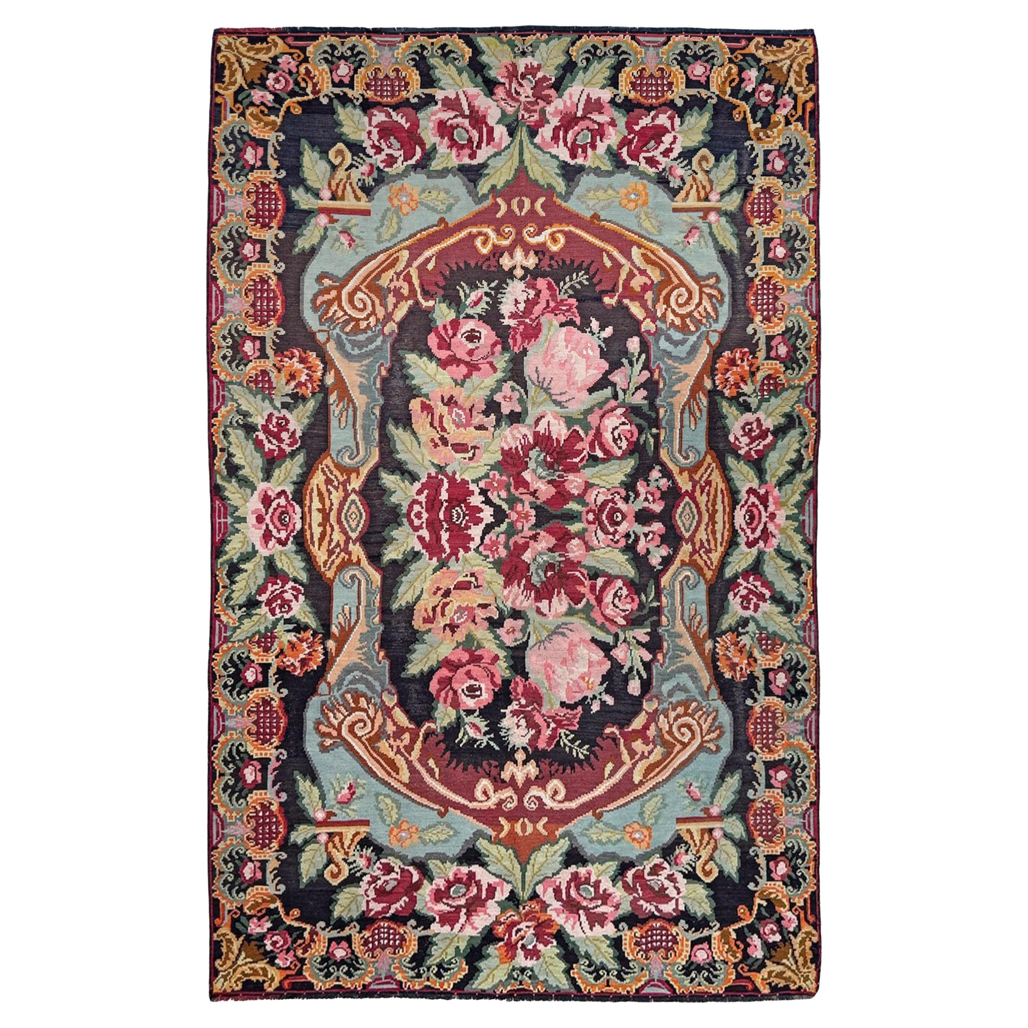 Moldovan Rose Kilim • Vintage European Flatweave Wool Rug • 7×11 • 1940s