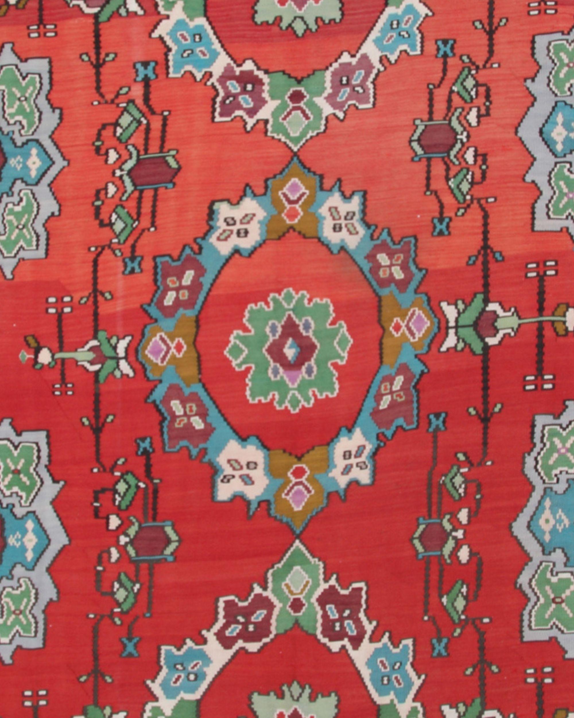 Art déco Moldovian Red Floral Kilim Rug Handmade Wool Flatweave Carpet 287x207cm en vente