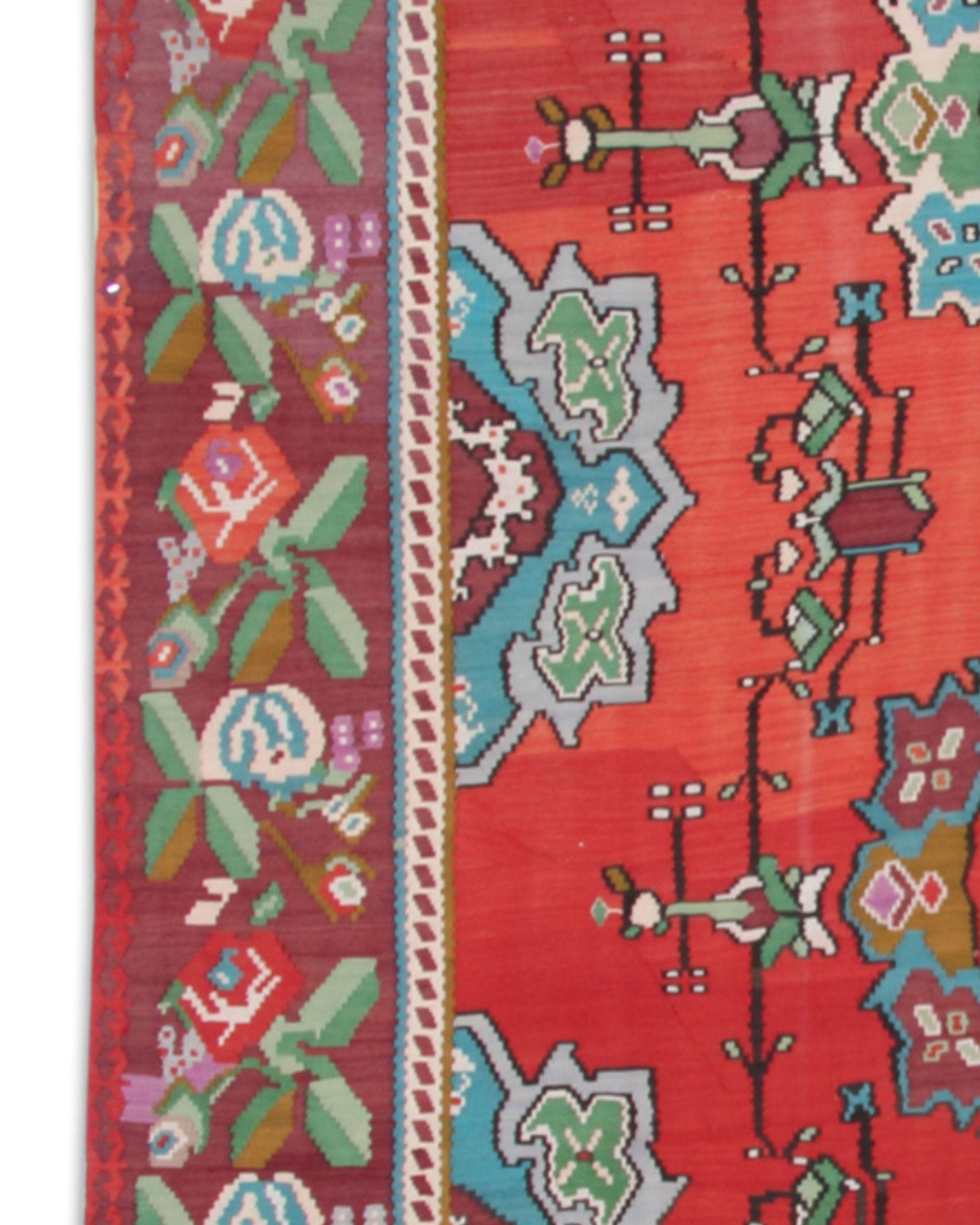 Turc Moldovian Red Floral Kilim Rug Handmade Wool Flatweave Carpet 287x207cm en vente