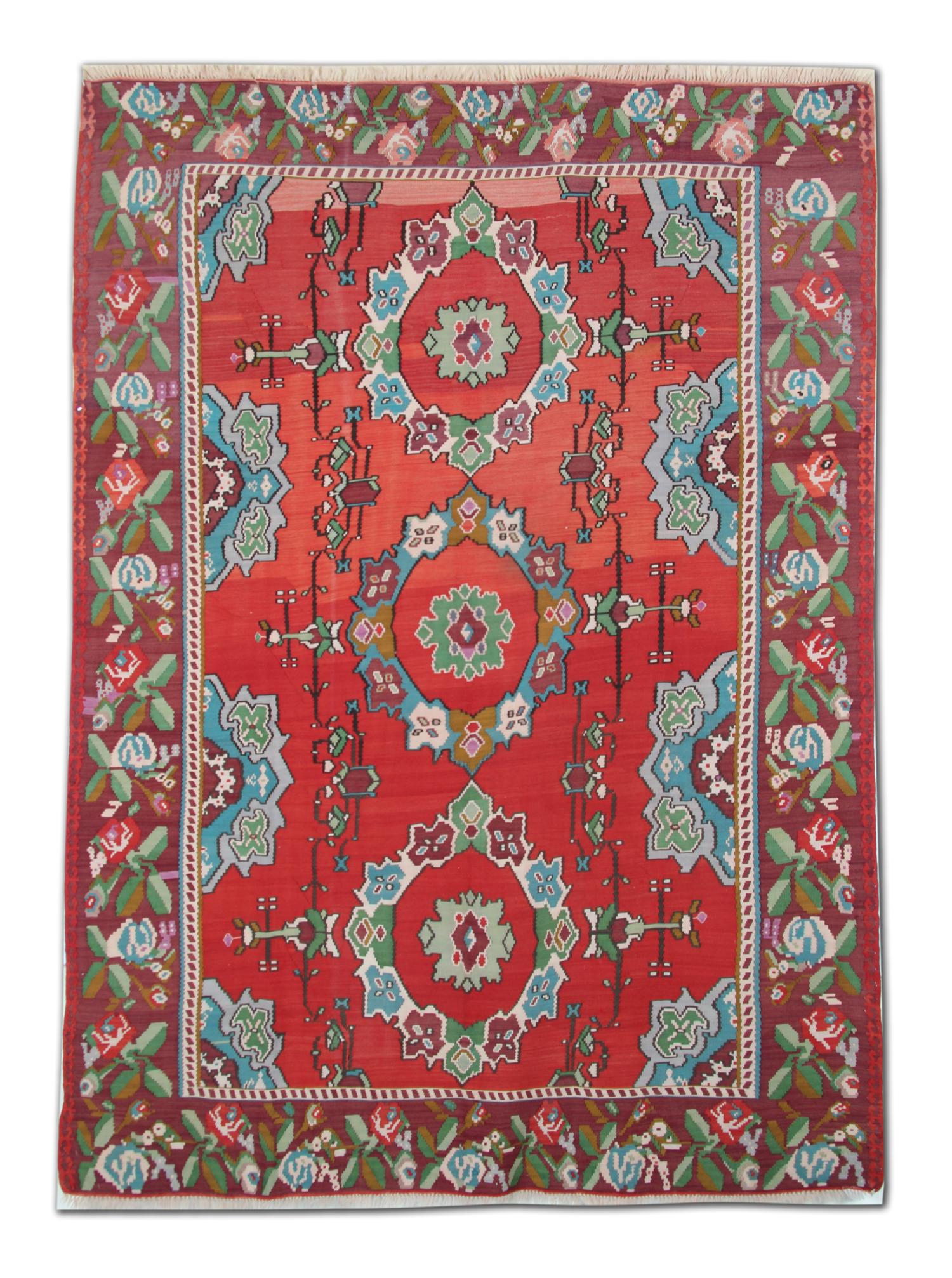 Teinture végétale Moldovian Red Floral Kilim Rug Handmade Wool Flatweave Carpet 287x207cm en vente