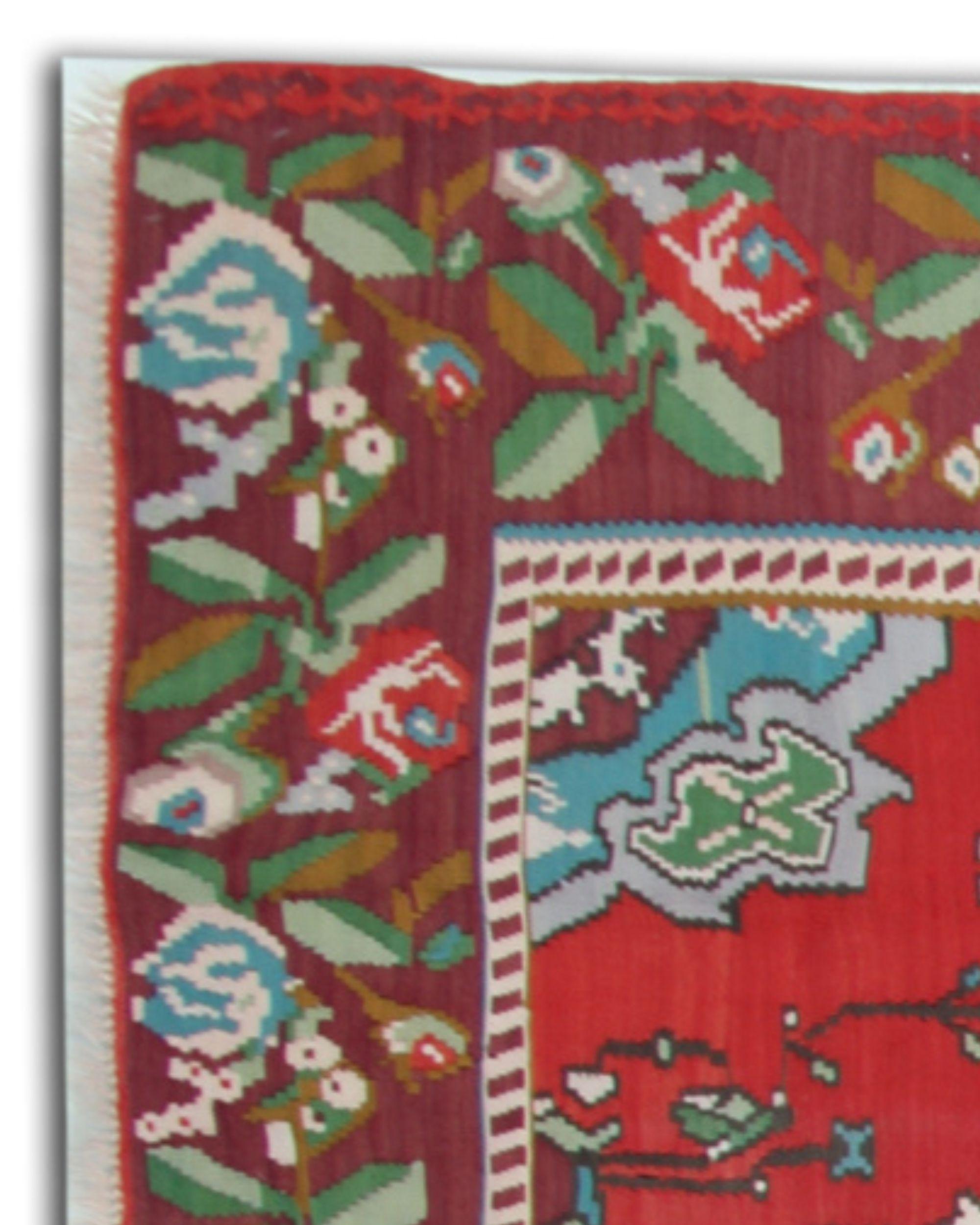 Moldovian Red Floral Kilim Rug Handmade Wool Flatweave Carpet 287x207cm en vente 1