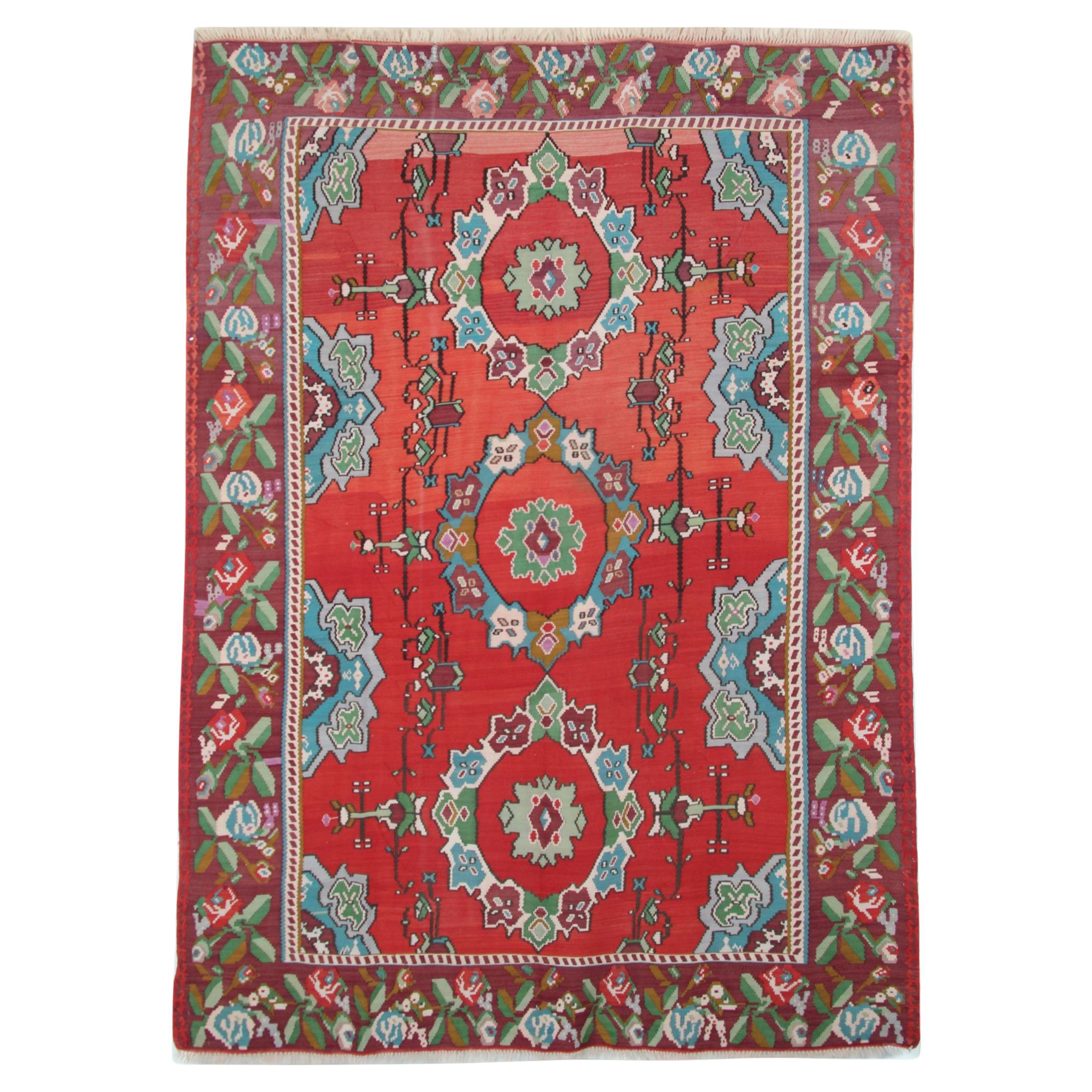 Moldauisch Rot Floral Kilim Teppich Handgefertigt Wolle Flachgewebe Teppich 287x207cm