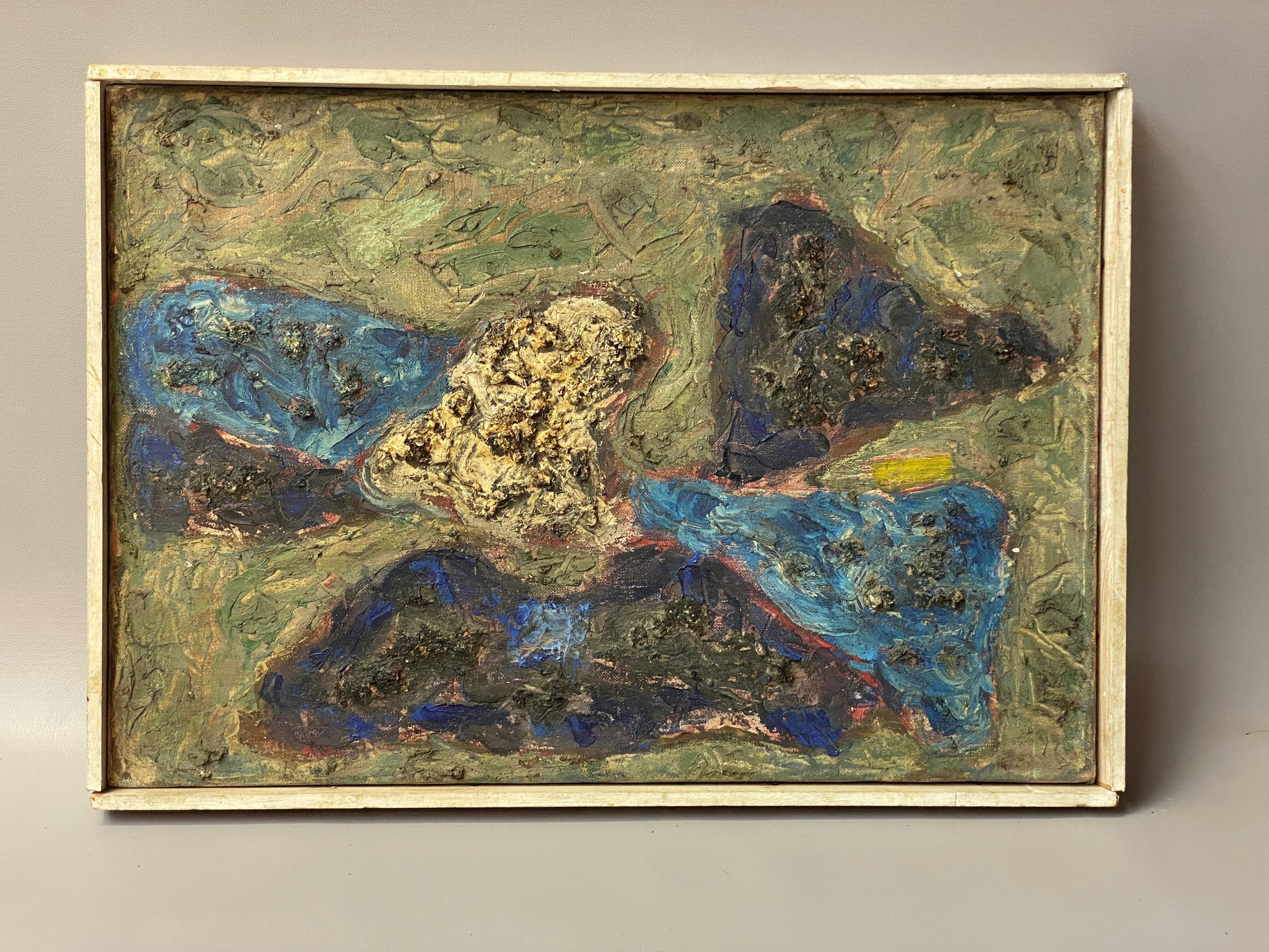 Molekulares abstraktes brutalistisches Gemälde. Der Künstler hat eine schön geschichtete, dick aufgetragene Impasto und strukturierte Maltechnik geschaffen. Ähnlich wie eine krustige, steinige Farboberfläche. Die Leinwand wurde mit Pinsel,