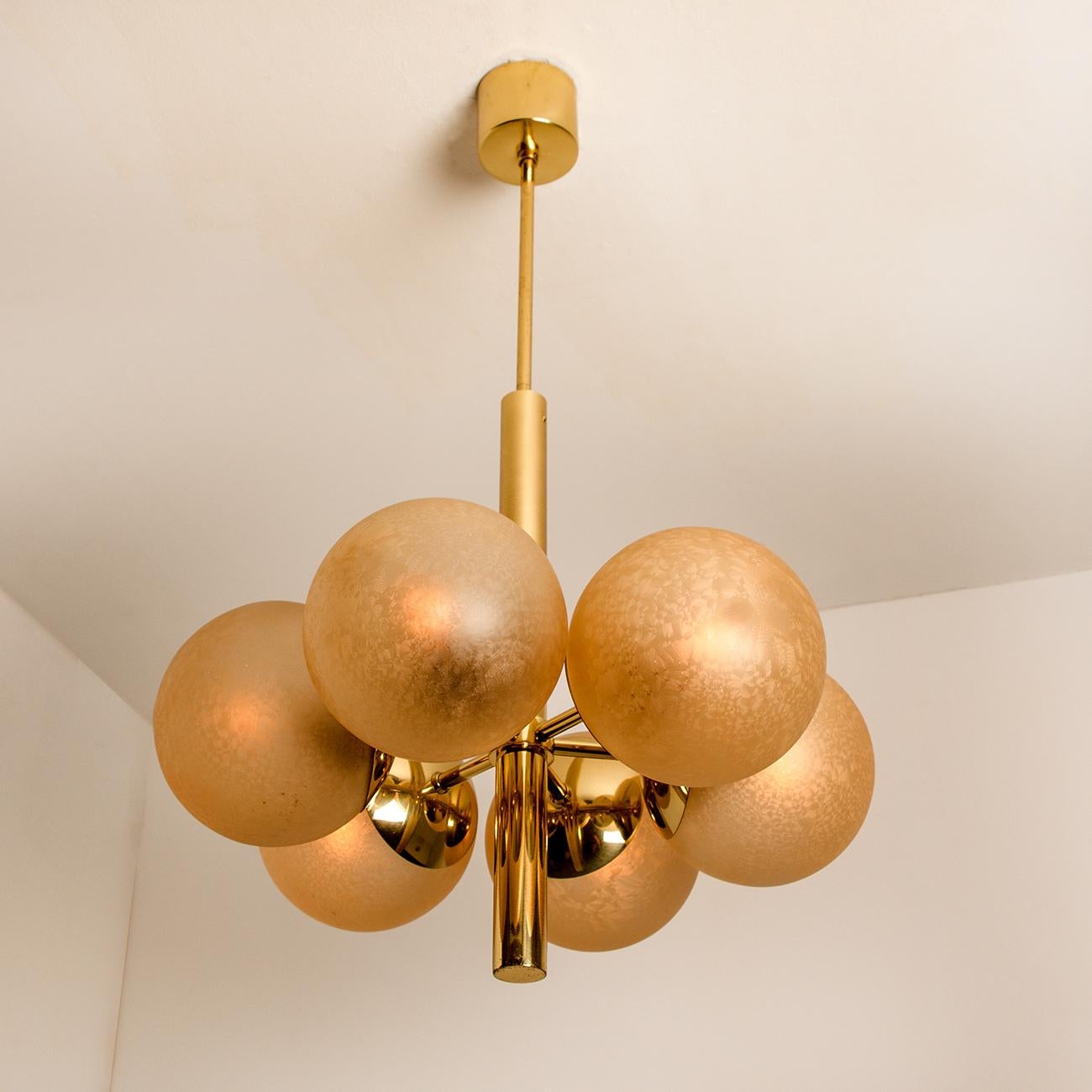 German Molecular Chandelier by Kaiser with Six Smoked Hand Blown Glass Globes For Sale