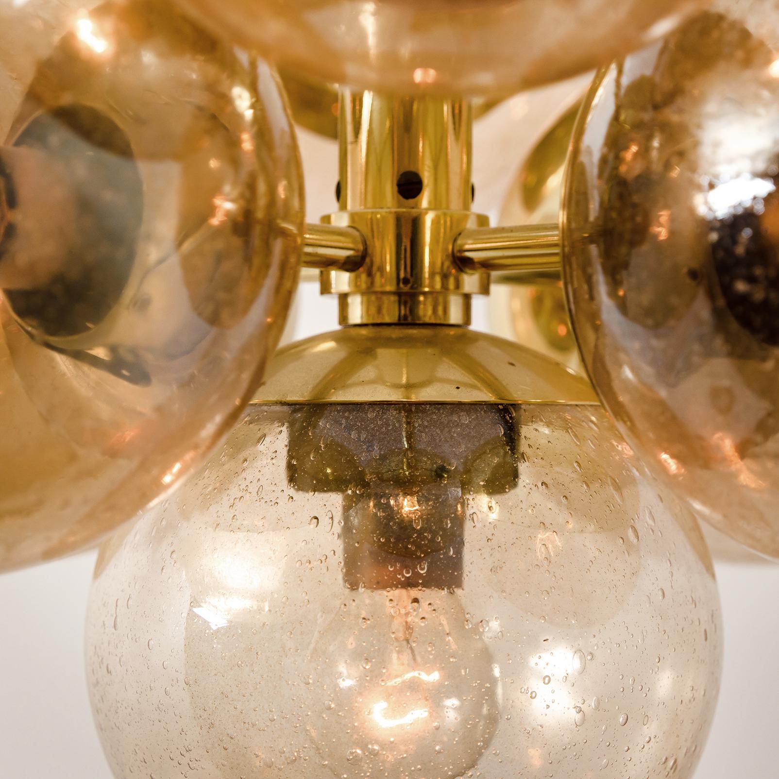 Brass Molecular Chandelier by Kaiser with Smoked Hand Blown Glass Globes