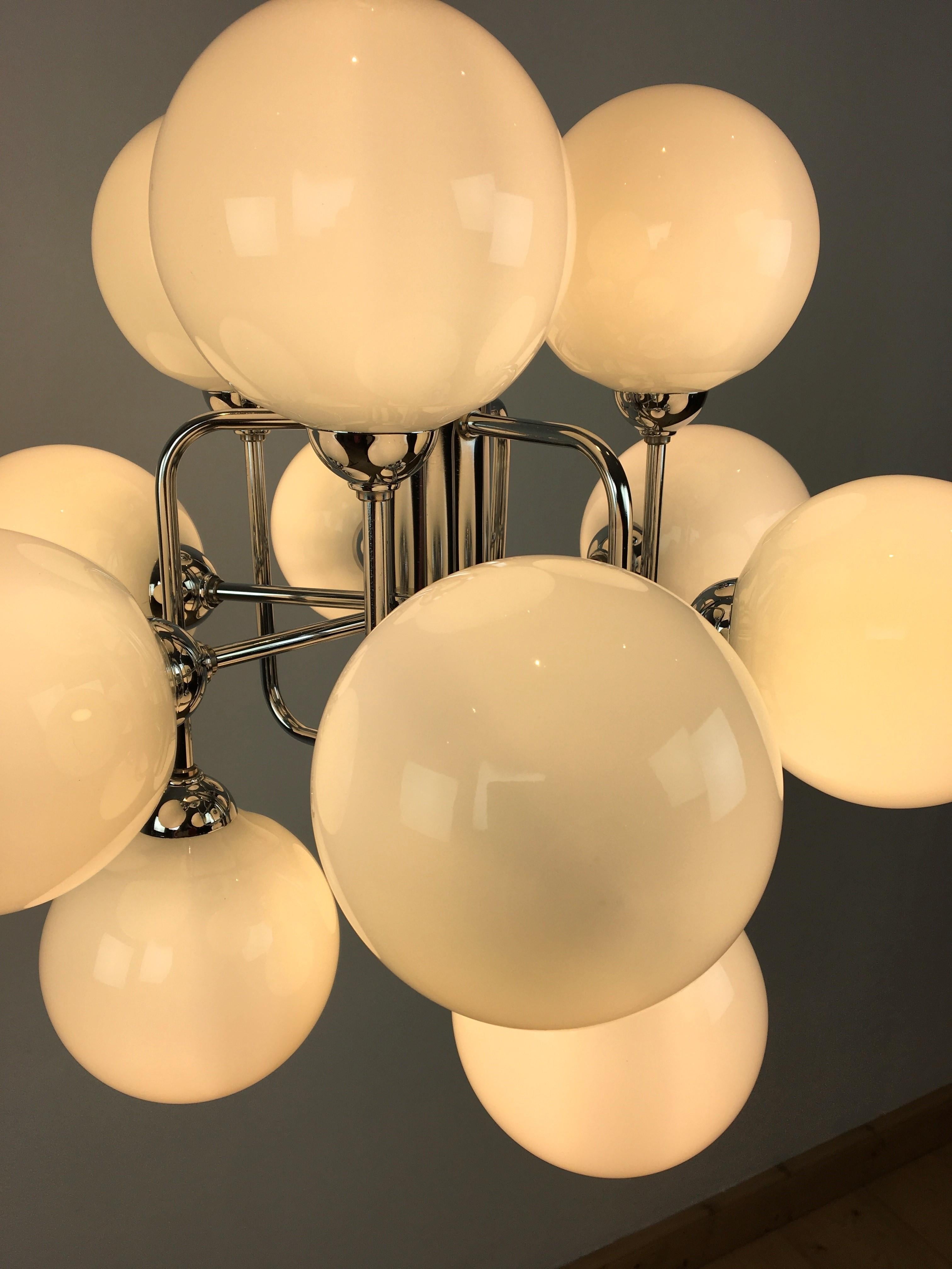Molecular Modern Chrome Chandelier with 12 Opaline Glass Globes  For Sale 4