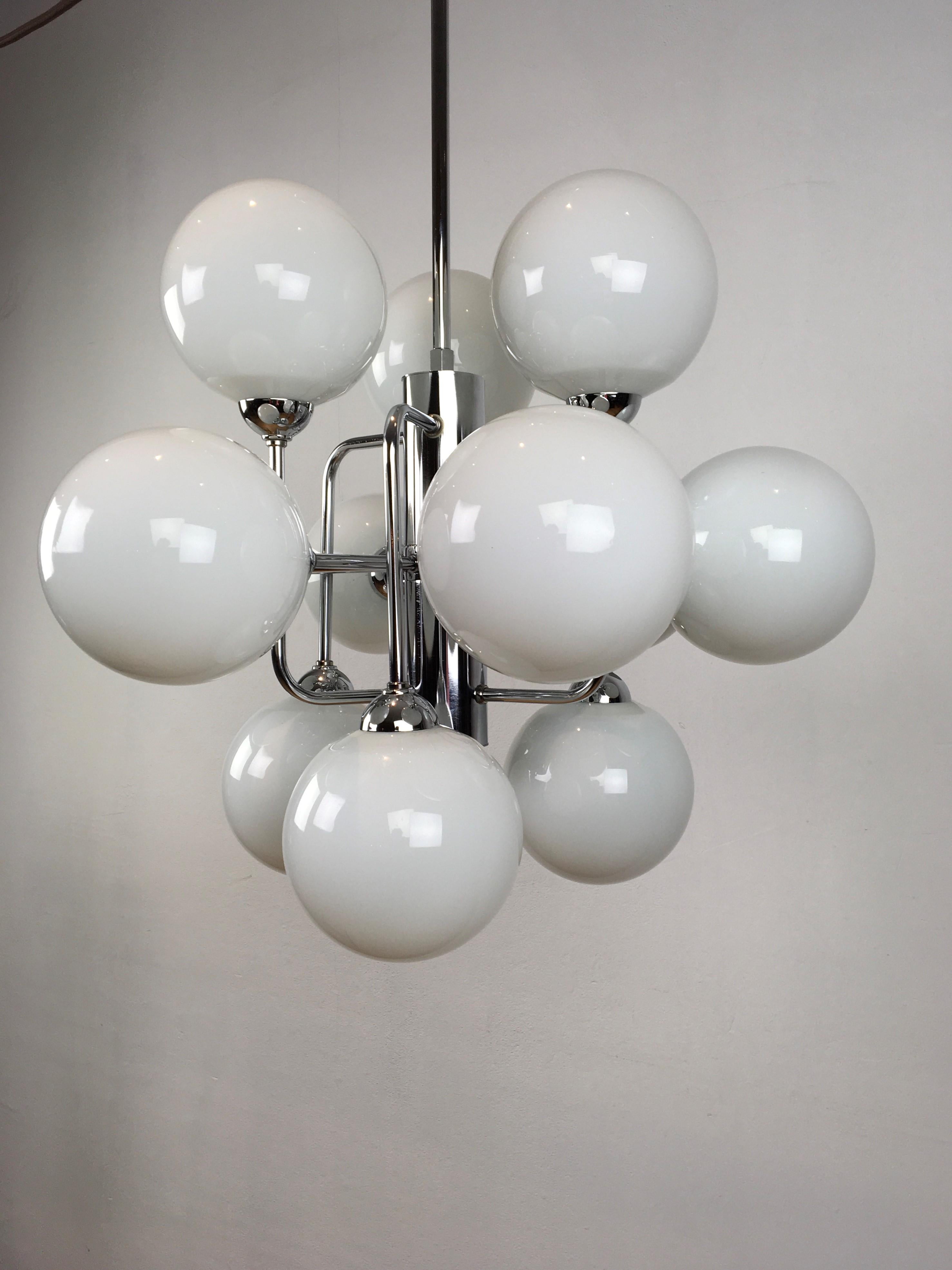 Molecular Modern Chrome Chandelier with 12 Opaline Glass Globes  For Sale 6