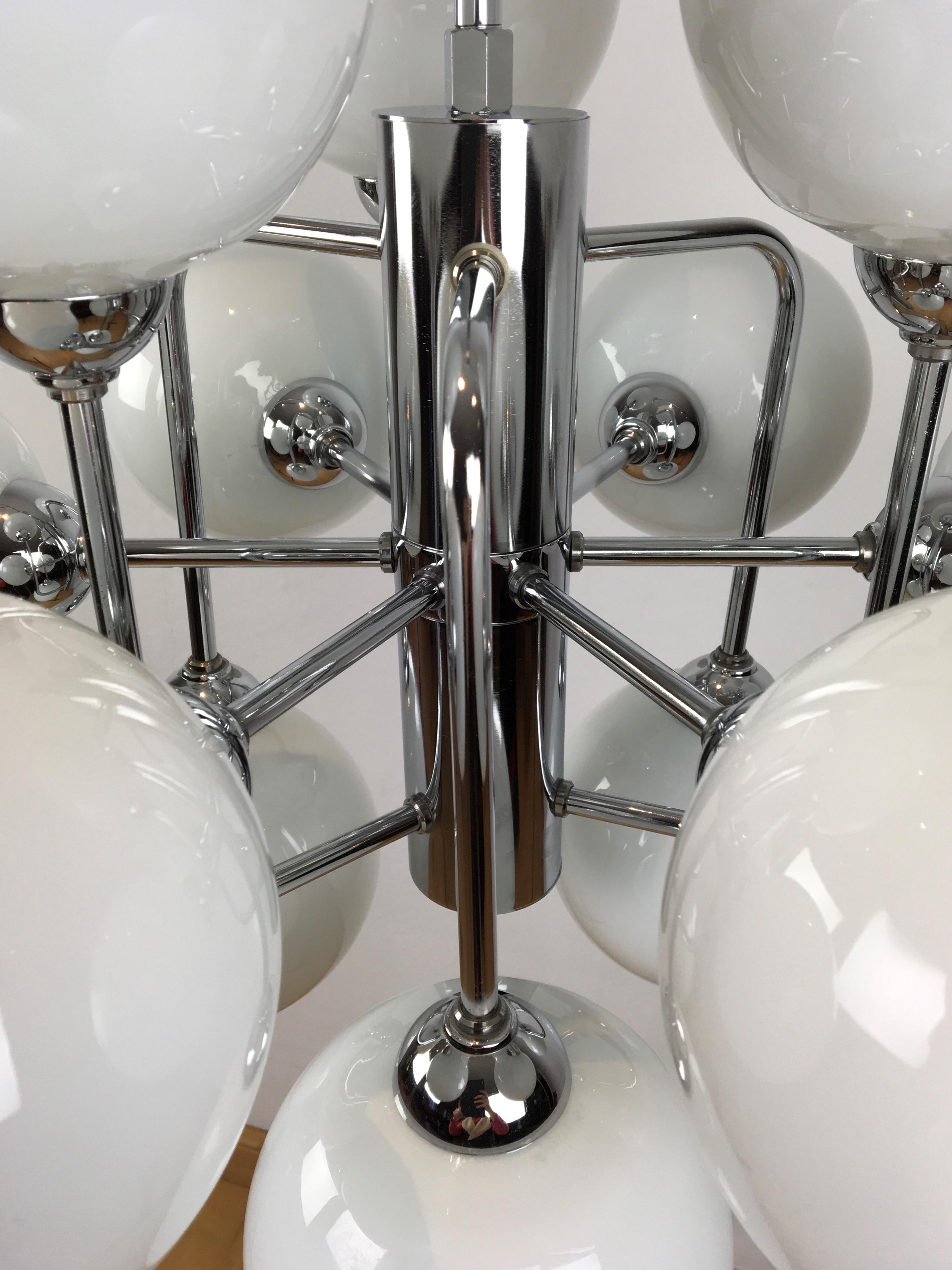 Space Age Molecular Modern Chrome Chandelier with 12 Opaline Glass Globes  For Sale
