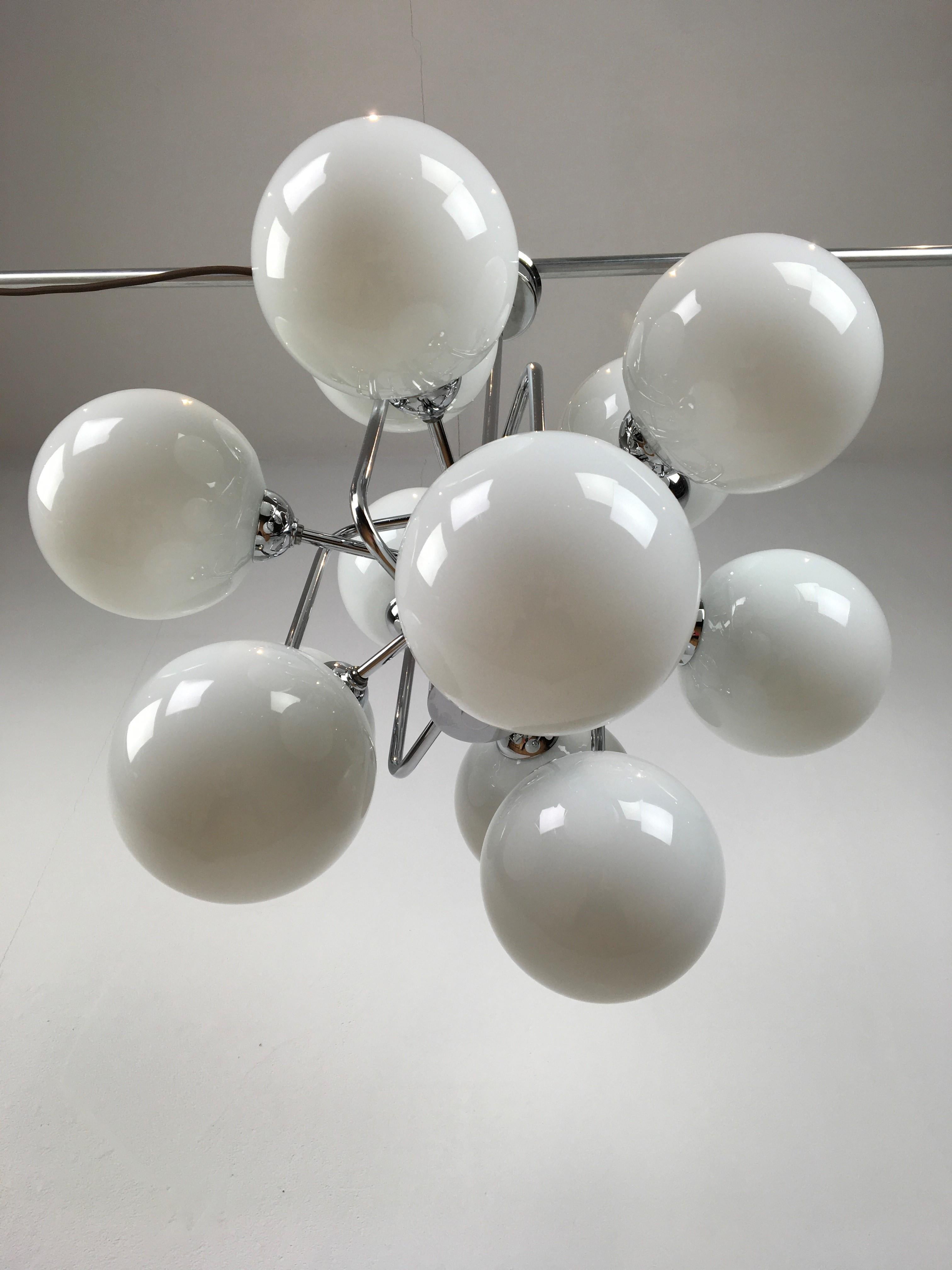 20th Century Molecular Modern Chrome Chandelier with 12 Opaline Glass Globes  For Sale