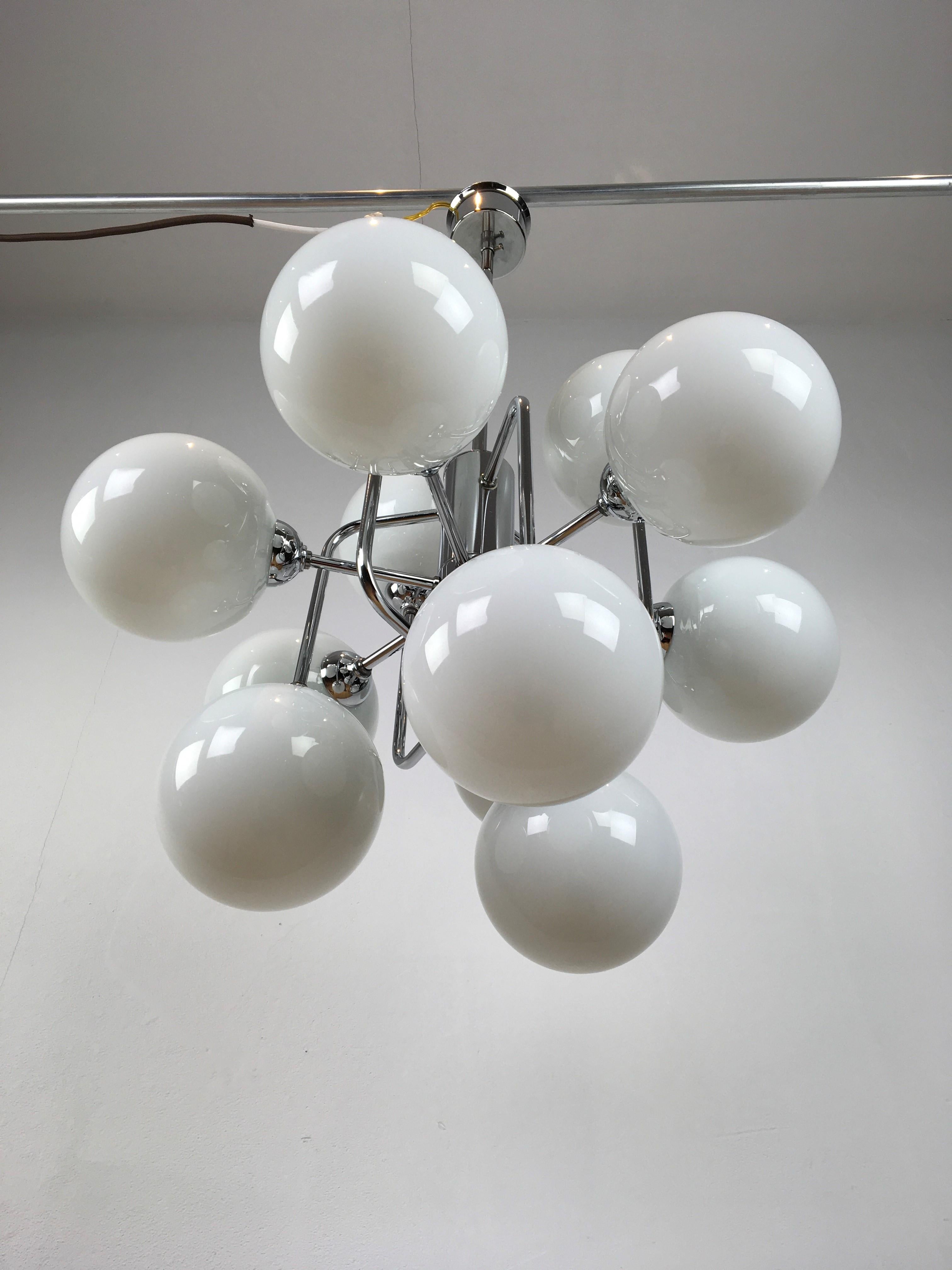 Molecular Modern Chrome Chandelier with 12 Opaline Glass Globes  For Sale 1