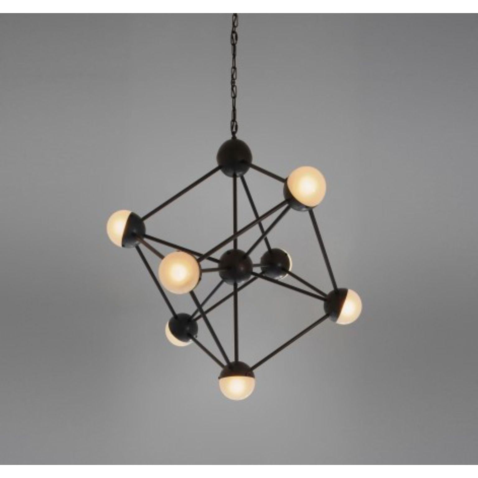 Molecule chandelier by Schwung
Dimensions: D76.4 x H 117.4 cm
Materials: Brass, Opal glass
Weight: 11.8 kg

Finishes available: Black gunmetal, polished nickel, brass
Other sizes available.

 Schwung is a german word, and loosely defined,