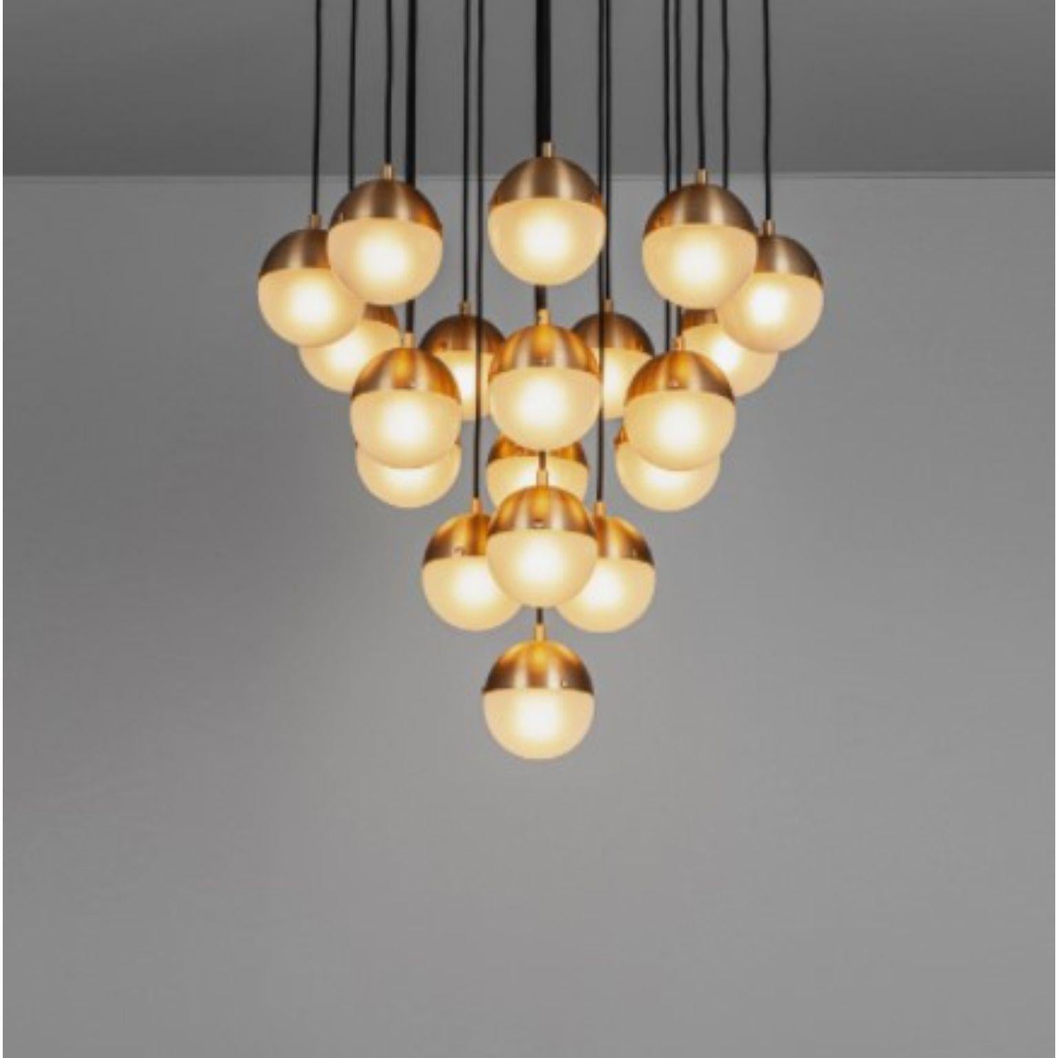 Molecule cluster 19 chandelier by Schwung
Dimensions: D 63 x H 113, 3 cm
Materials: Brass, Opal glass
Weight: 20.9 kg

Finishes available: Black gunmetal, polished nickel, brass
Other sizes available.

Schwung is a german word, and loosely