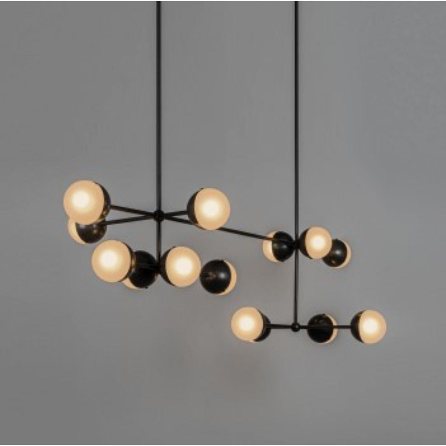 Molecule linear chandelier by Schwung
Dimensions: D 149.6 x H 183.8 cm
Materials: Brass, opal glass
Weight: 14.2 kg

Finishes available: Black gunmetal, polished nickel, brass
Other sizes available.

 Schwung is a german word, and loosely