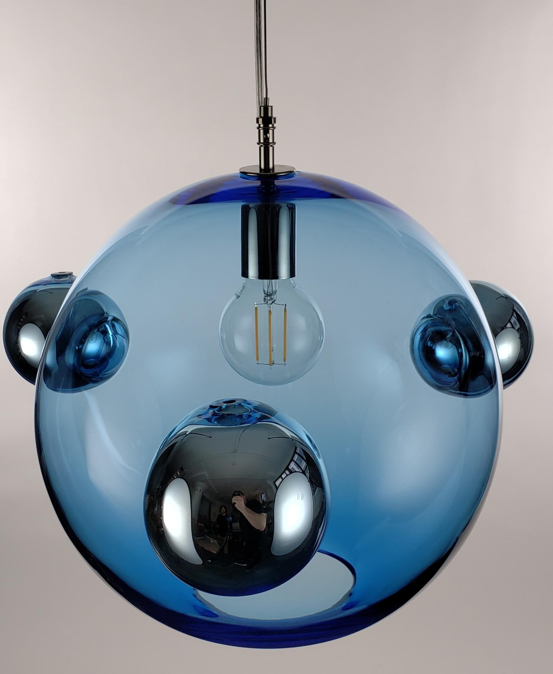 Modern Molecule Pendant - Triple, Handmade Contemporary Glass Lighting, Blue For Sale