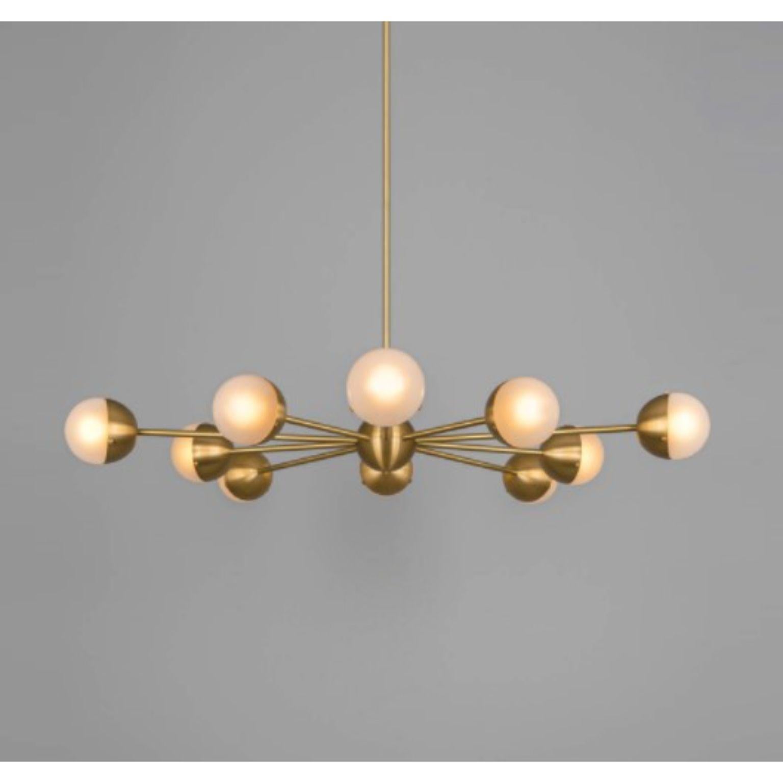 Molecule Spark round 10 chandelier by Schwung
Dimensions: D 120.9 x H 118.4 cm
Materials: Brass, opal glass
Weight: 10.5 kg

Finishes available: Black gunmetal, polished nickel, brass
Other sizes available.

 Schwung is a german word, and