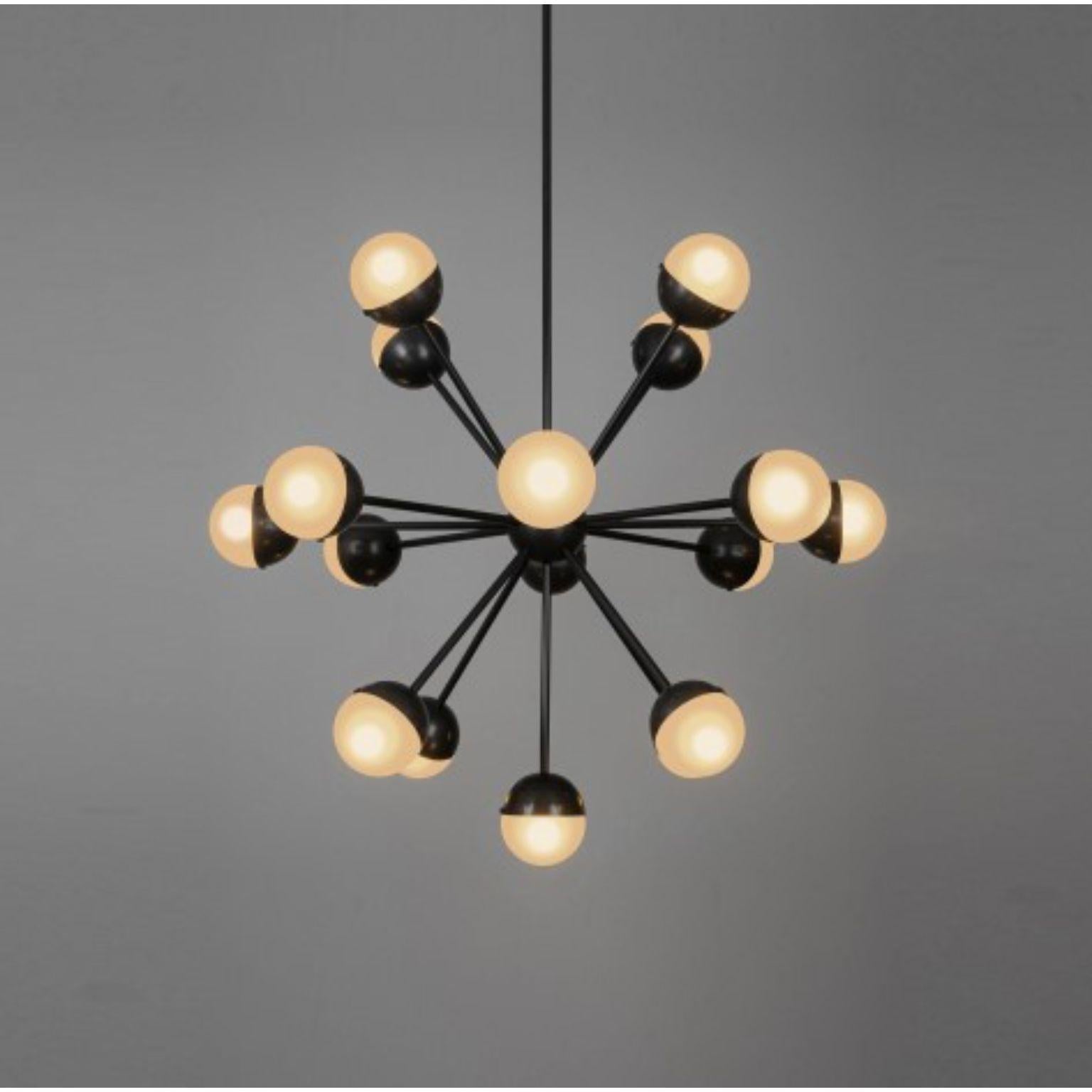 Molecule spark round 17 chandelier by Schwung
Dimensions: D97.9 x H 191.4 cm
Materials: Brass, Opal glass
Weight: 14.2 kg

Finishes available: Black gunmetal, polished nickel, brass
Other sizes available.

 Schwung is a german word, and