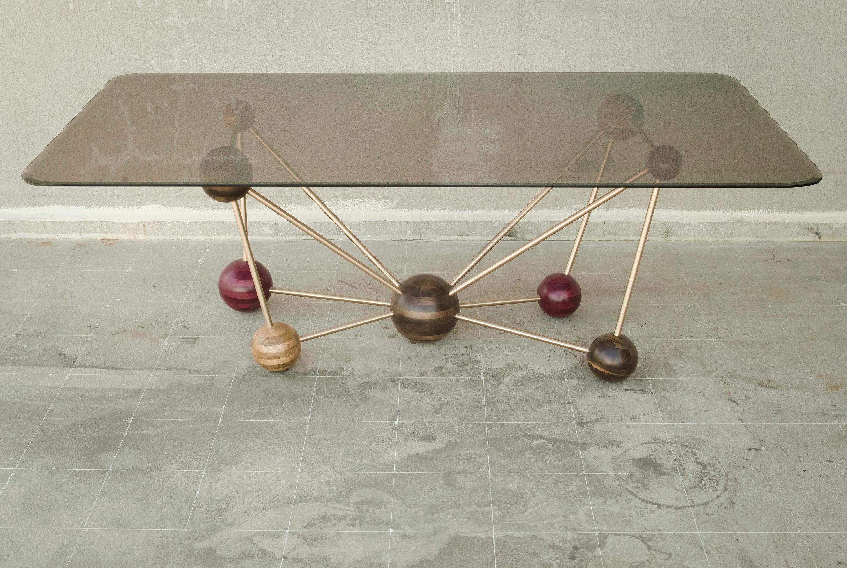 Lebanese Molecule, StudioManda, Dining Table, Wood, Smoked Glass, Brass, Lebanon, 2014 For Sale