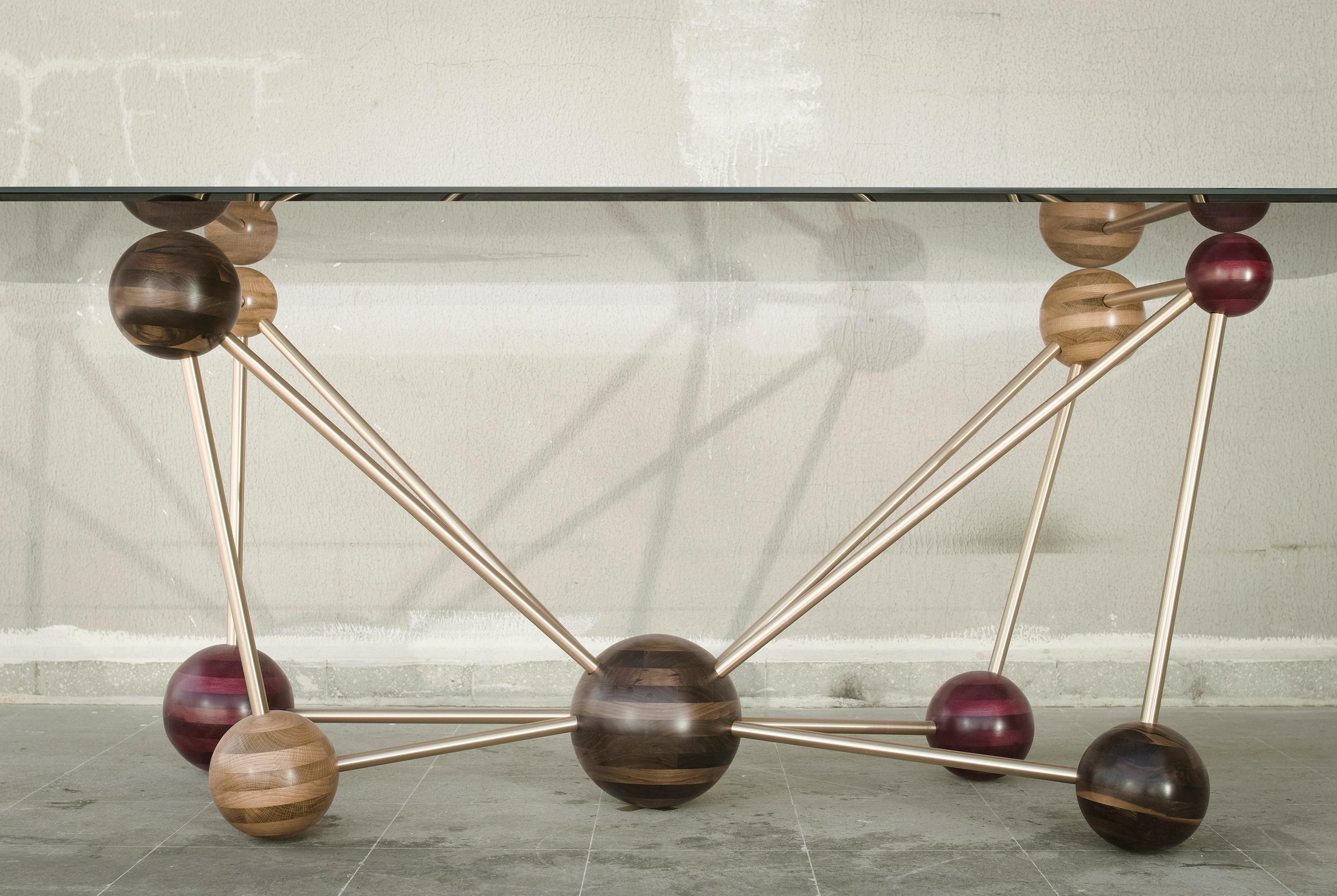 Brushed Molecule, StudioManda, Dining Table, Wood, Smoked Glass, Brass, Lebanon, 2014 For Sale