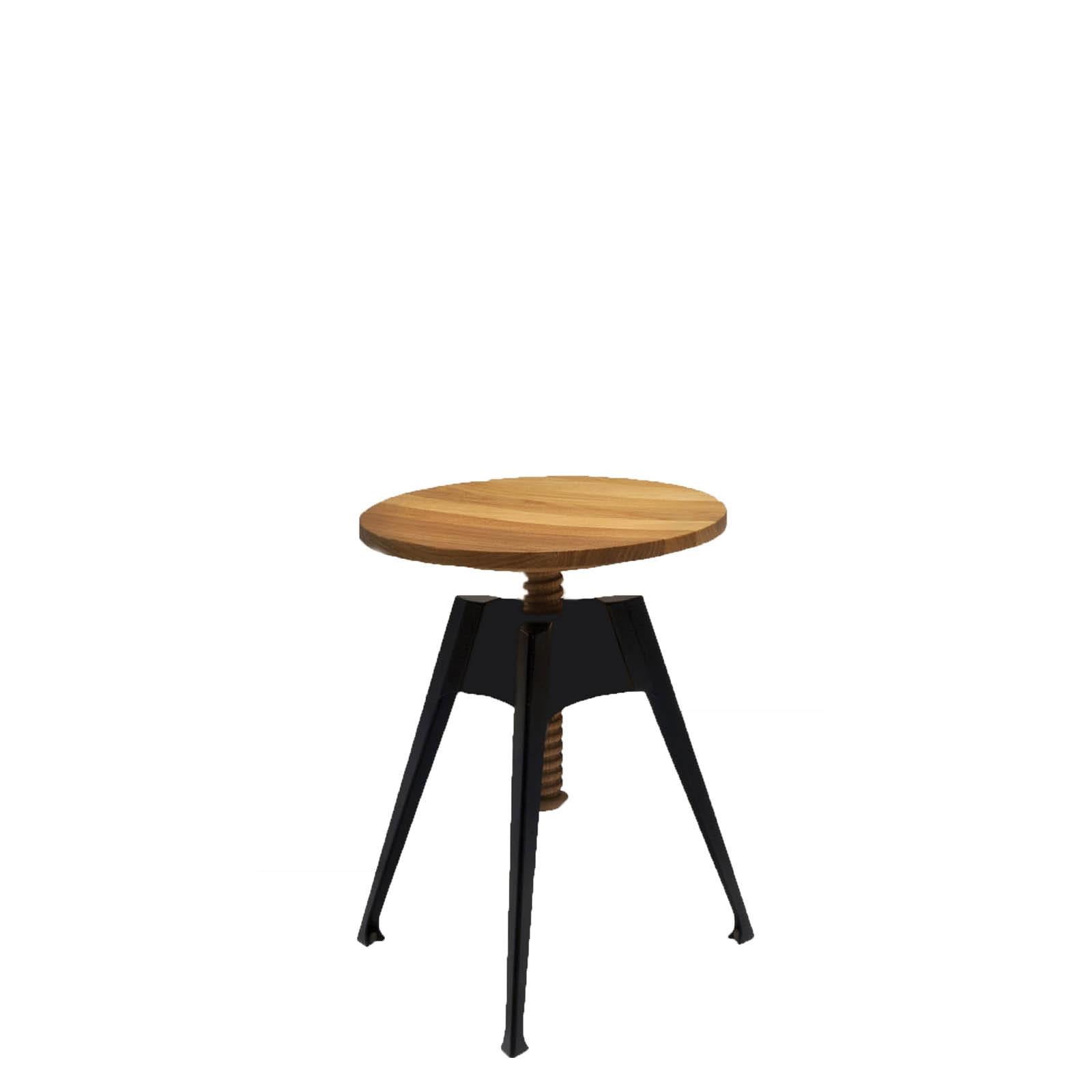 Stool adjustable in heigh. Black matt painted steel structure. Seat and components in massive oak. Indoor use only.

Philippe Nigro designed a light looking desk: a top in birch plywood, oak veneered, and a flapdoor opening style set on a