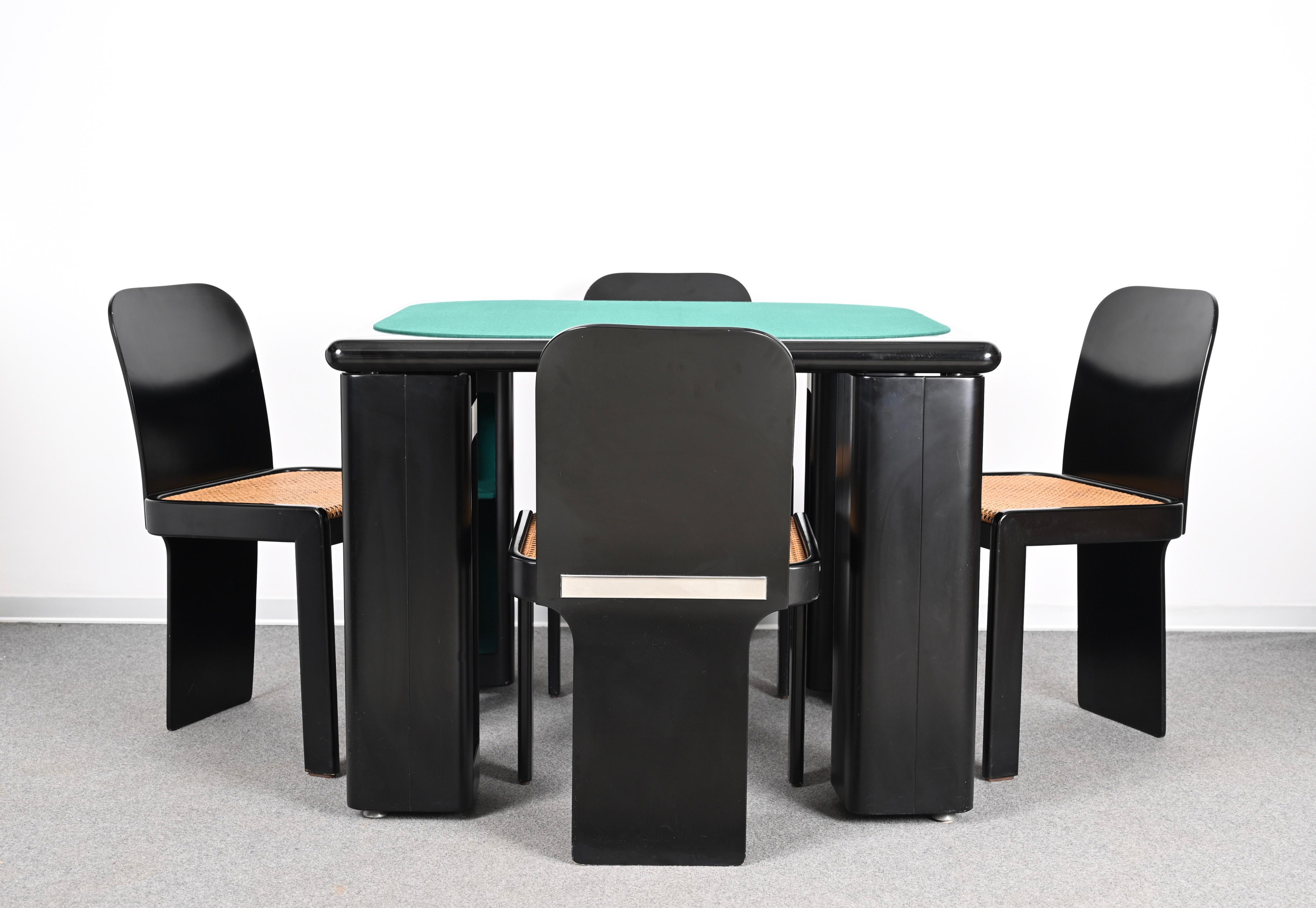 Molinari Black Lacquered Wood Game Table and Chairs for Pozzi Milano Italy 1970s 3